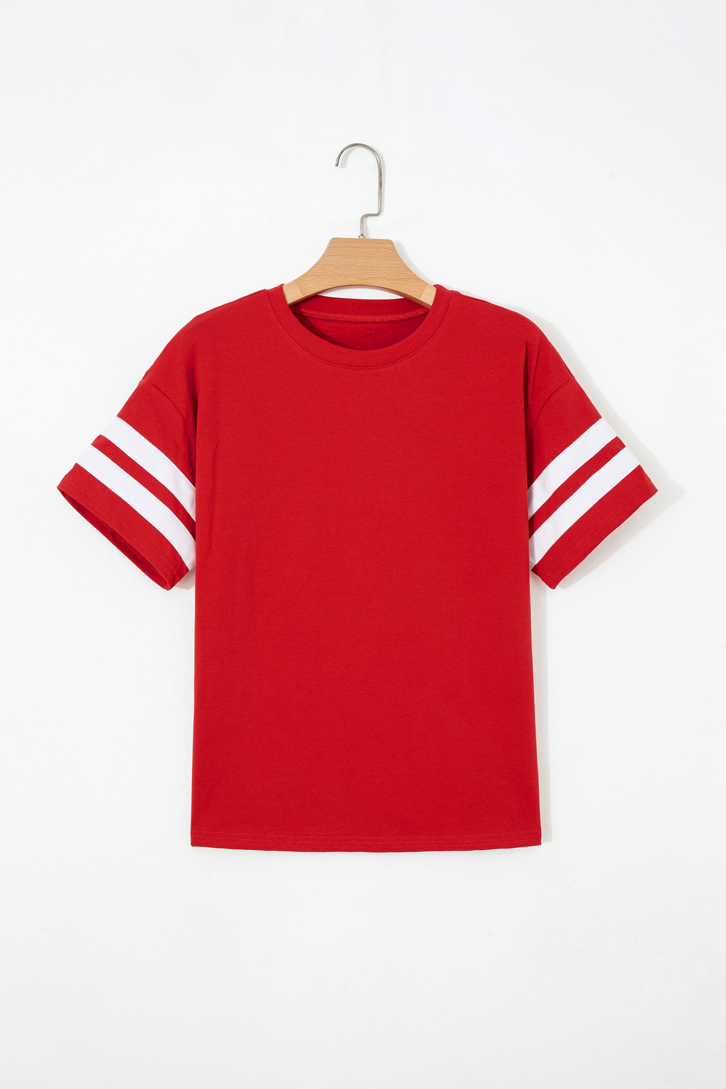 Dark Blue Varsity Striped Short Sleeve Crew Neck T Shirt-Tops/Tops & Tees-[Adult]-[Female]-2022 Online Blue Zone Planet