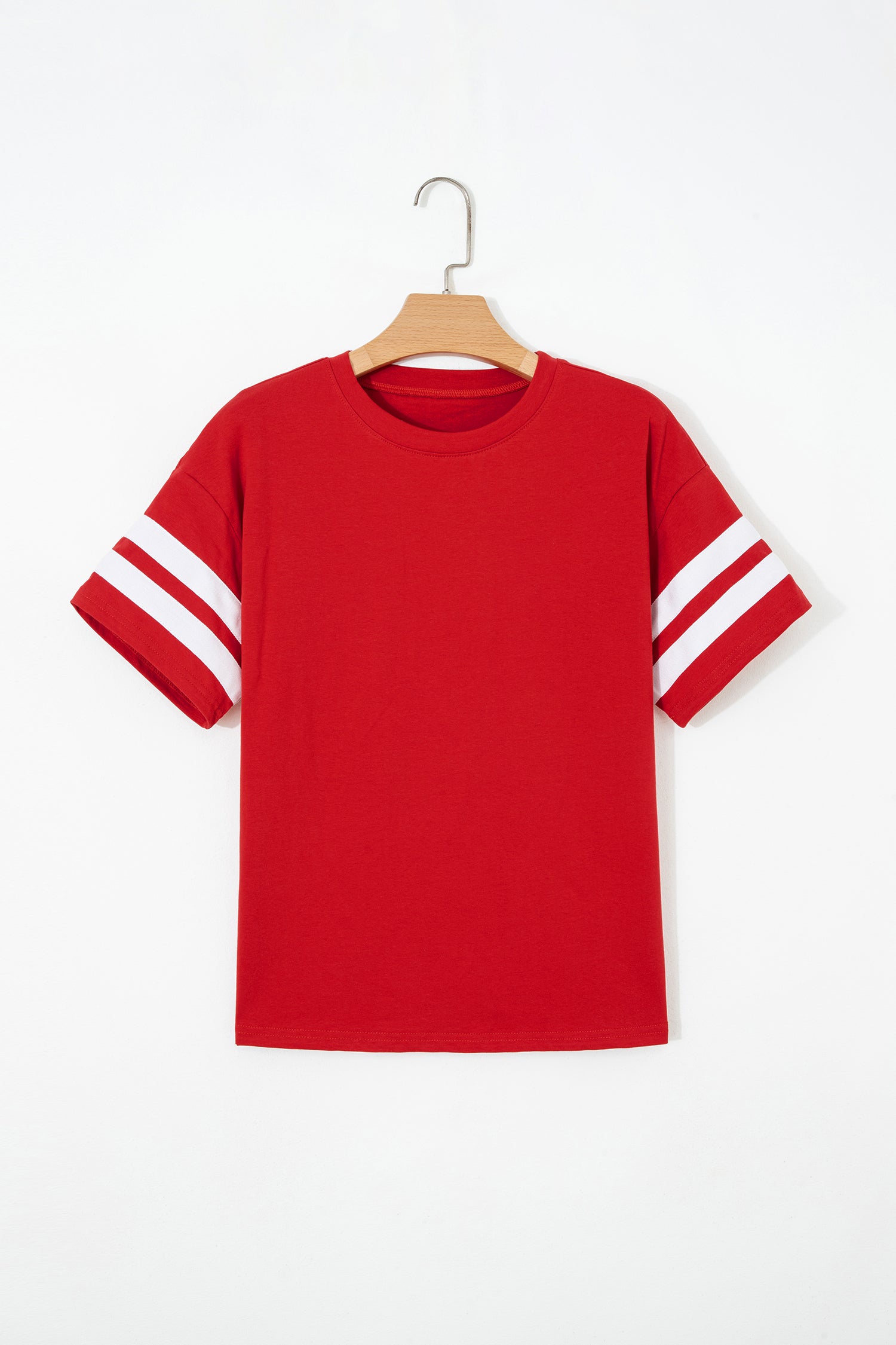 Dark Blue Varsity Striped Short Sleeve Crew Neck T Shirt-Tops/Tops & Tees-[Adult]-[Female]-2022 Online Blue Zone Planet