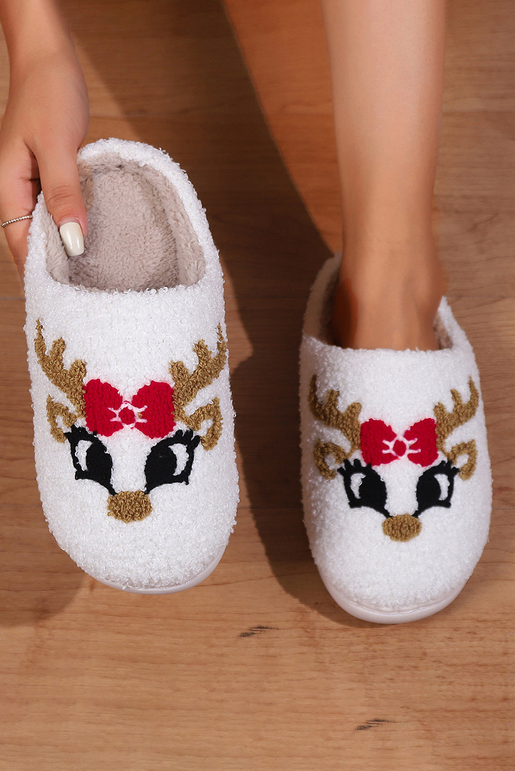 White Christmas Cartoon Pattern Plush Slippers-Shoes & Bags/Slippers-[Adult]-[Female]-White-37-2022 Online Blue Zone Planet