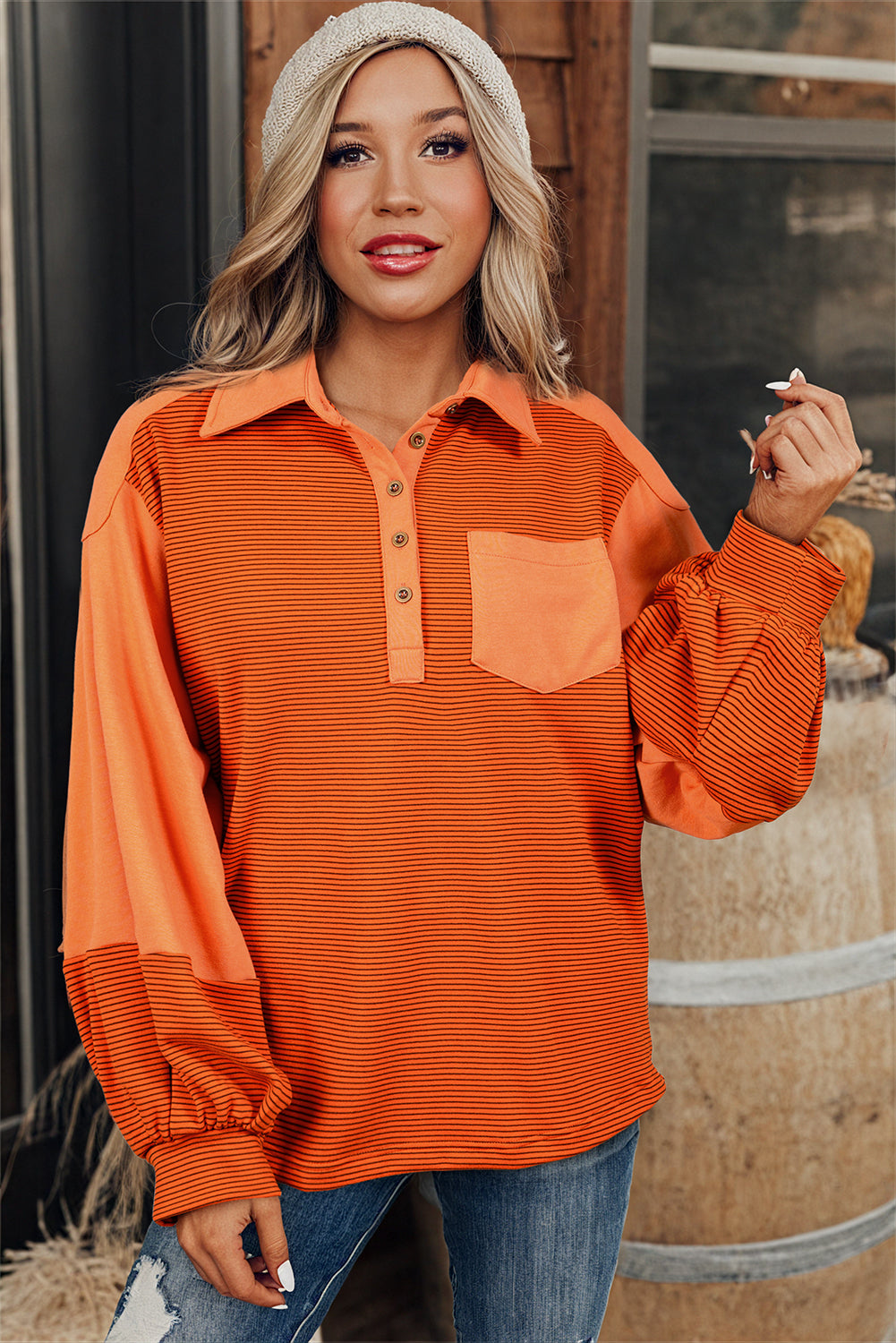 Orange Stripe Exposed Seam Henley Turn-down Neck Puff Sleeve Sweatshirt-Tops/Sweatshirts & Hoodies-[Adult]-[Female]-2022 Online Blue Zone Planet