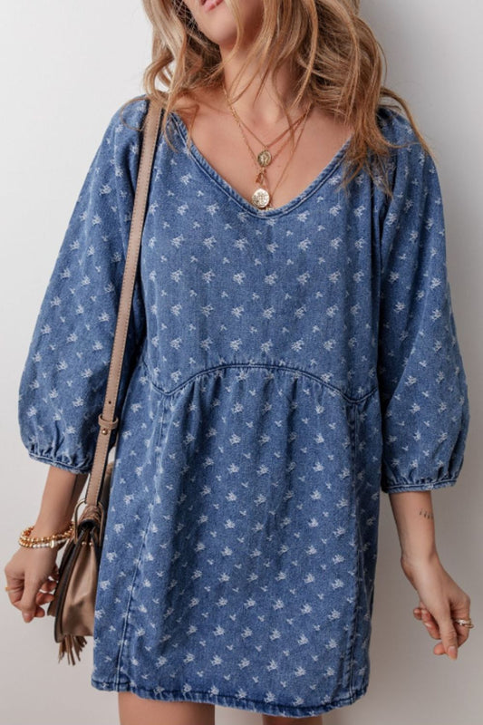 Tied V-Neck Three-Quarter Sleeve Denim Dress-TOPS / DRESSES-[Adult]-[Female]-Medium-M-2022 Online Blue Zone Planet