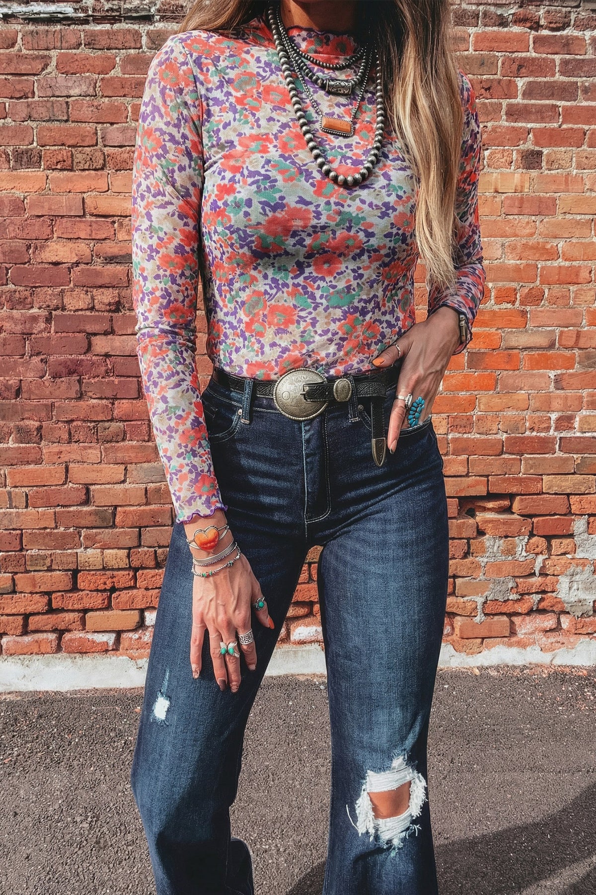 Smoke Gray Floral Print Slim Fit Mesh Long Sleeve Mock Neck Top-Tops/Long Sleeve Tops-[Adult]-[Female]-2022 Online Blue Zone Planet