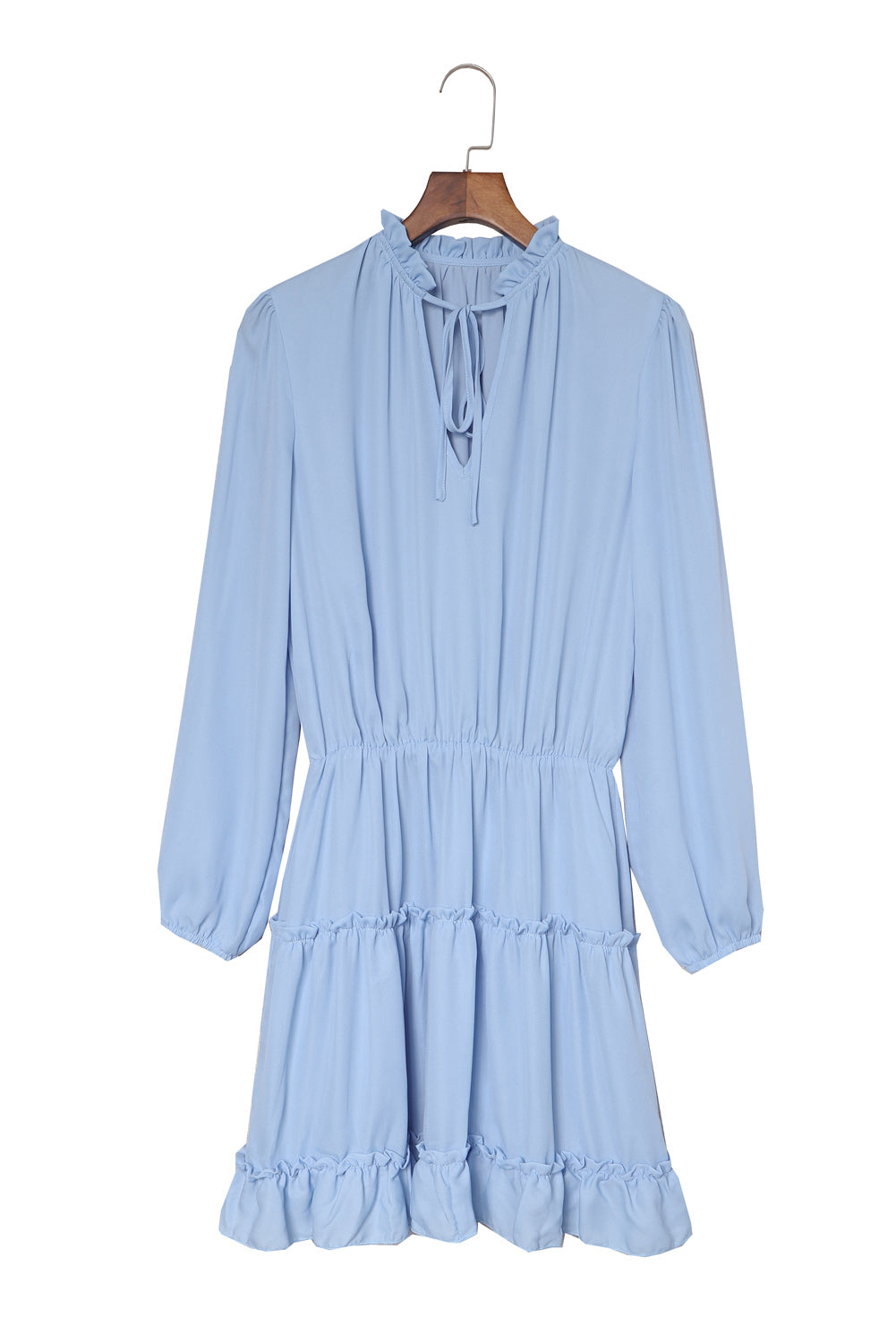 Blue Zone Planet | Light Blue V Neck Long Sleeve Ruffle Tiered Mini Dress-TOPS / DRESSES-[Adult]-[Female]-2022 Online Blue Zone Planet