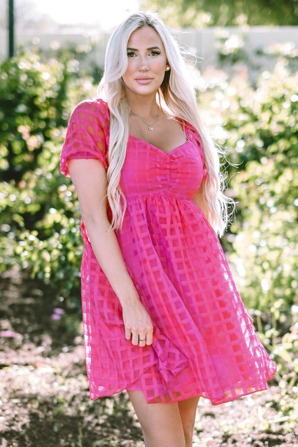 Strawberry Pink Checkered Puff Sleeve Babydoll Dress-TOPS / DRESSES-[Adult]-[Female]-2022 Online Blue Zone Planet