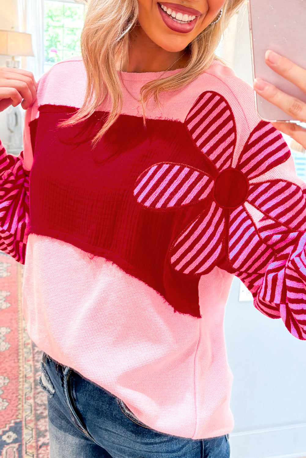 Blue Zone Planet | Pink Floral Patch Color Block Striped Sleeve Textured Top-Tops/Long Sleeve Tops-[Adult]-[Female]-Pink-S-2022 Online Blue Zone Planet