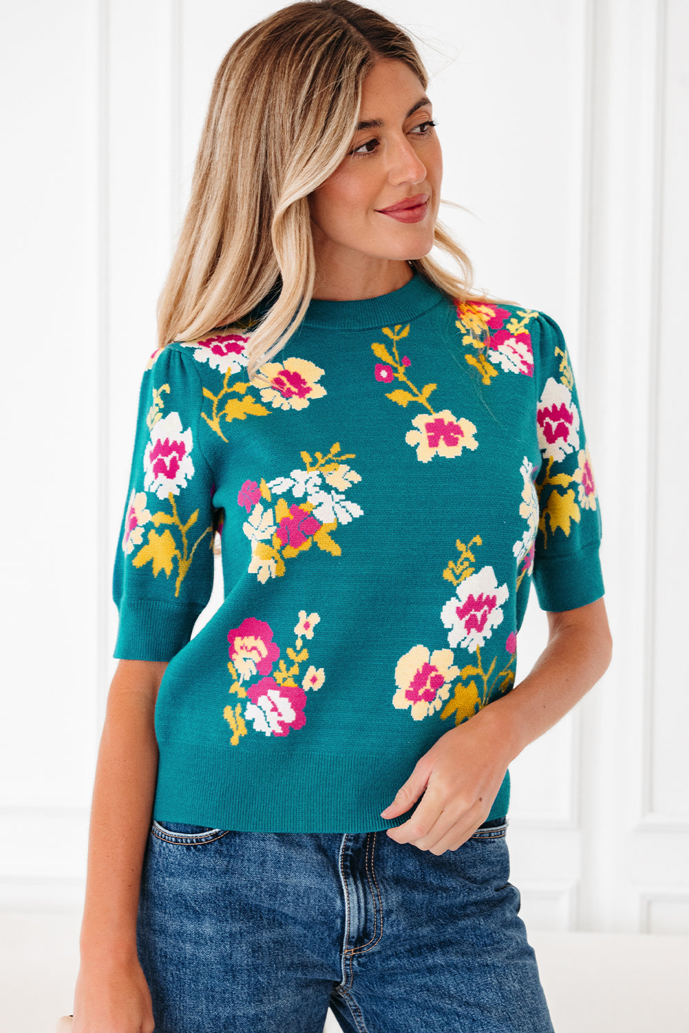 Blue Flower Pattern Mock Neck Short Sleeve Knitted T Shirt-Sweaters & Cardigans/Short Sleeve Sweaters-[Adult]-[Female]-2022 Online Blue Zone Planet