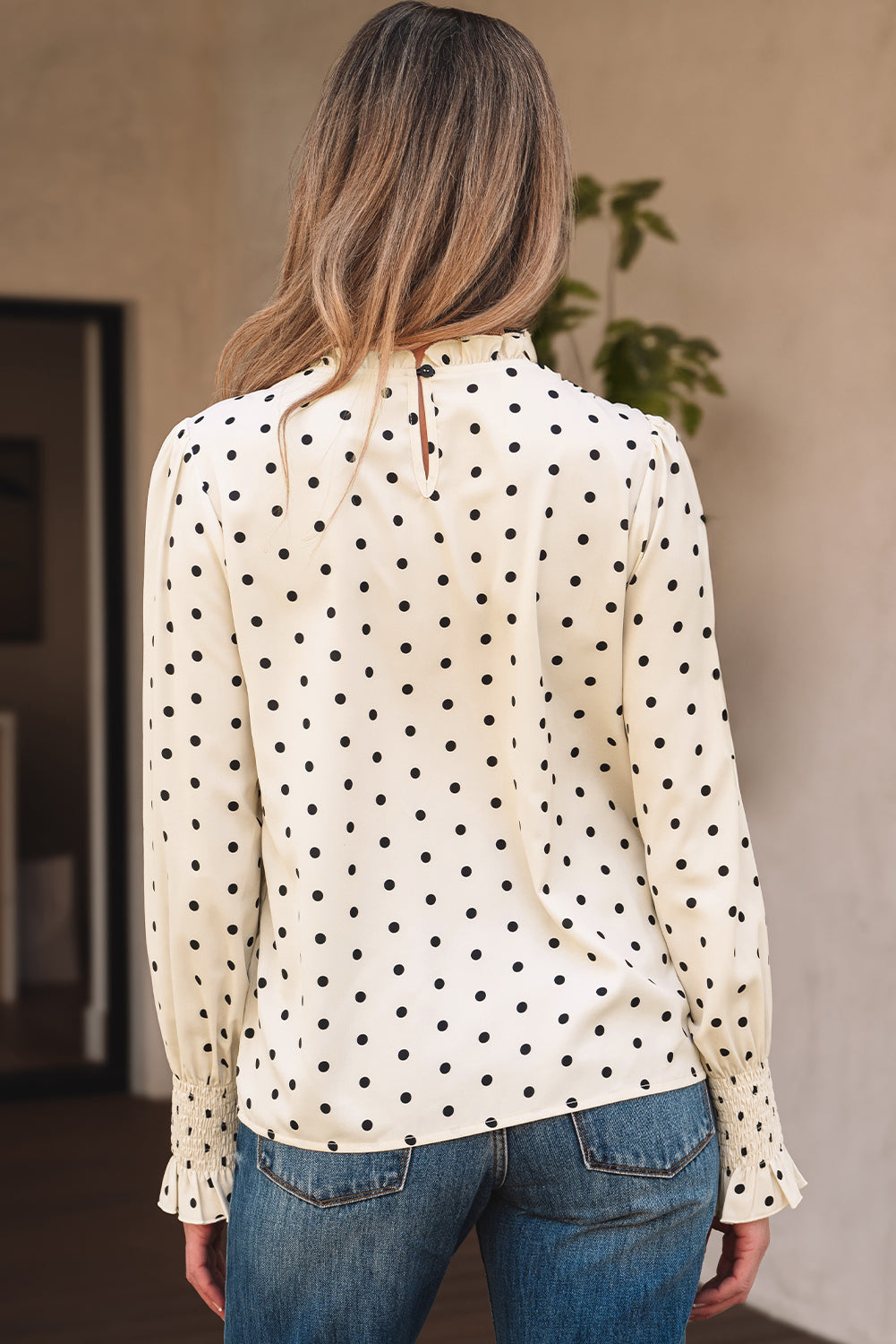 Blue Zone Planet | Apricot Polka Dot Print Frilled Collar Lantern Sleeve Blouse-Tops/Blouses & Shirts-[Adult]-[Female]-2022 Online Blue Zone Planet