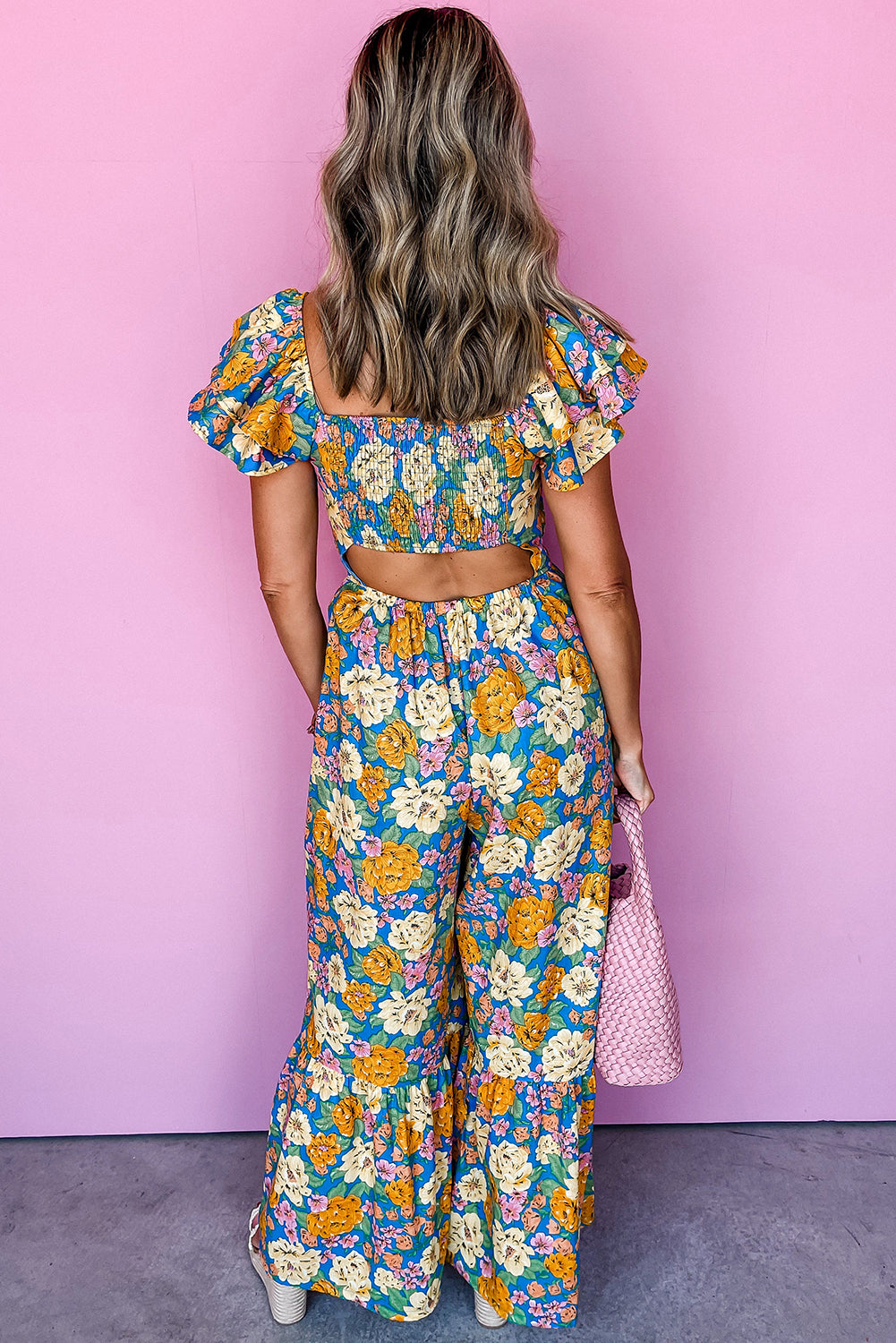 Blue Zone Planet | Yellow Floral Allover Print Shirred Cut Out High Waist Jumpsuit-Bottoms/Jumpsuits & Rompers-[Adult]-[Female]-2022 Online Blue Zone Planet