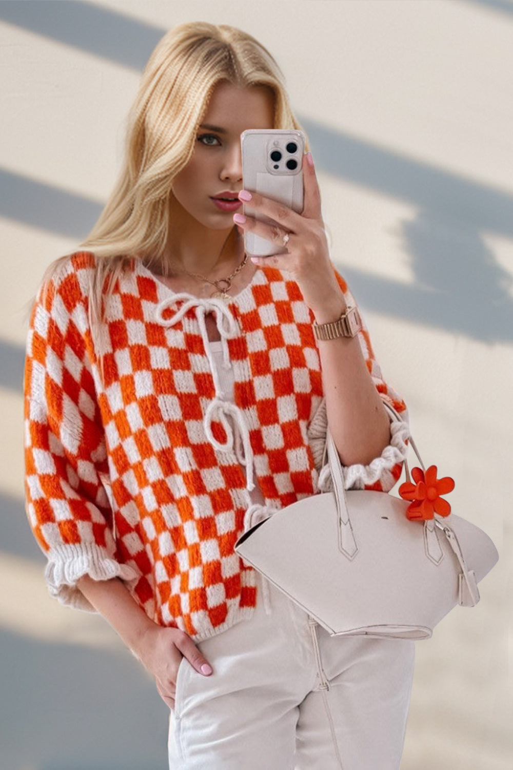 Double Take Tied Checkered Dropped Shoulder Flounce Sleeve Cardigan-TOPS / DRESSES-[Adult]-[Female]-Orange-Red-S-2022 Online Blue Zone Planet