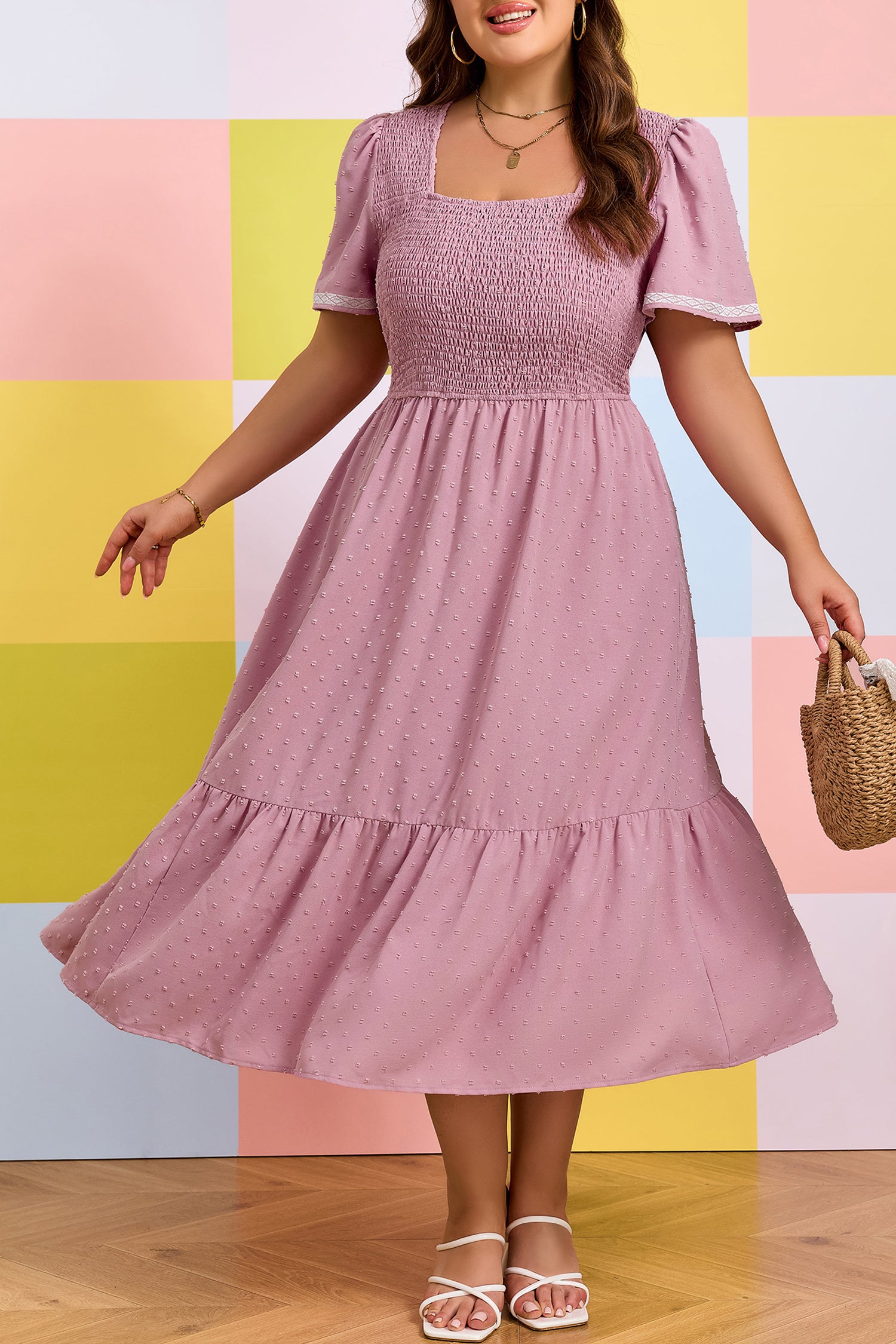 Pink Plus Size Swiss Dot Short Sleeve Smocked High Waist Flowy Midi Dress-TOPS / DRESSES-[Adult]-[Female]-2022 Online Blue Zone Planet