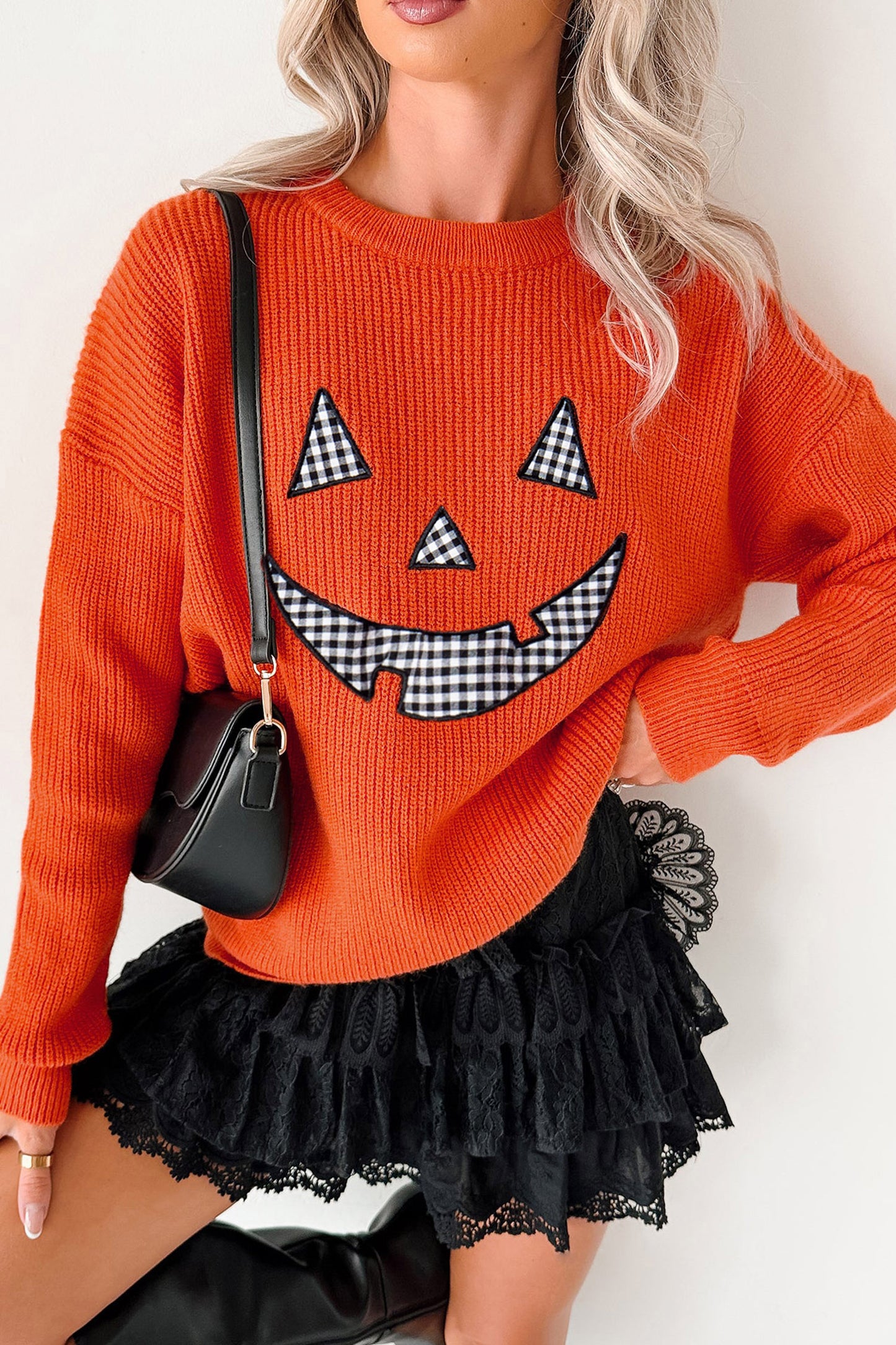 Orange Drop Shoulder Long Sleeve Round Neck Halloween Sweater-Sweaters & Cardigans/Sweaters-[Adult]-[Female]-2022 Online Blue Zone Planet