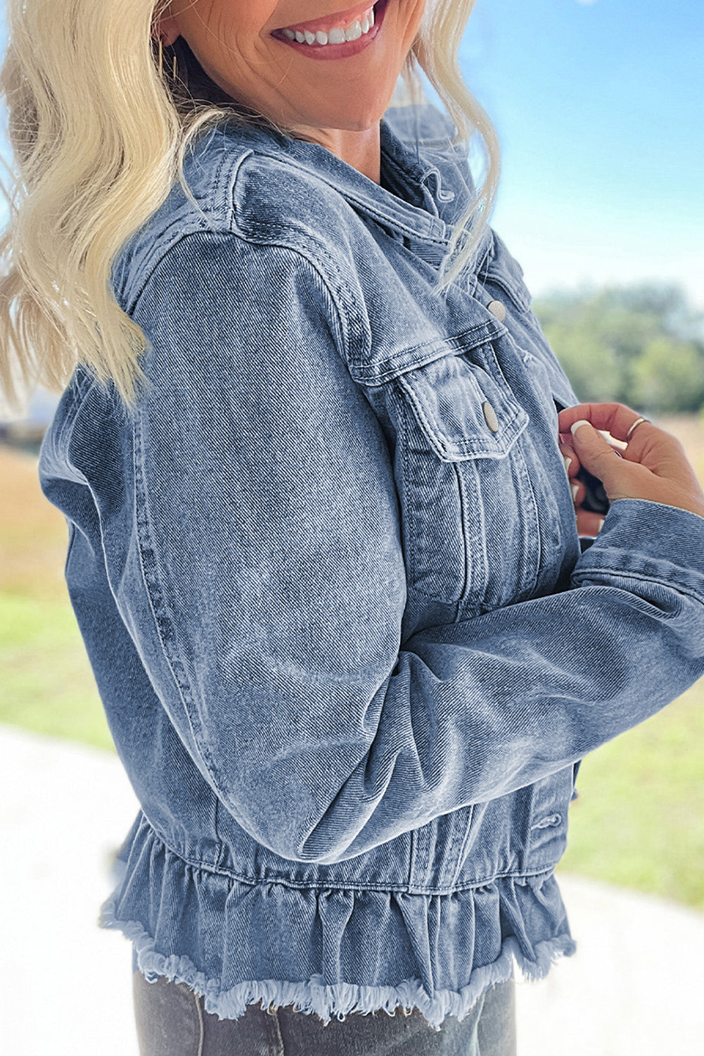 Blue Zone Planet | Navy Blue Ruffle Raw Hem Flap Pockets Denim Jacket-Outerwear/Denim jackets-[Adult]-[Female]-2022 Online Blue Zone Planet