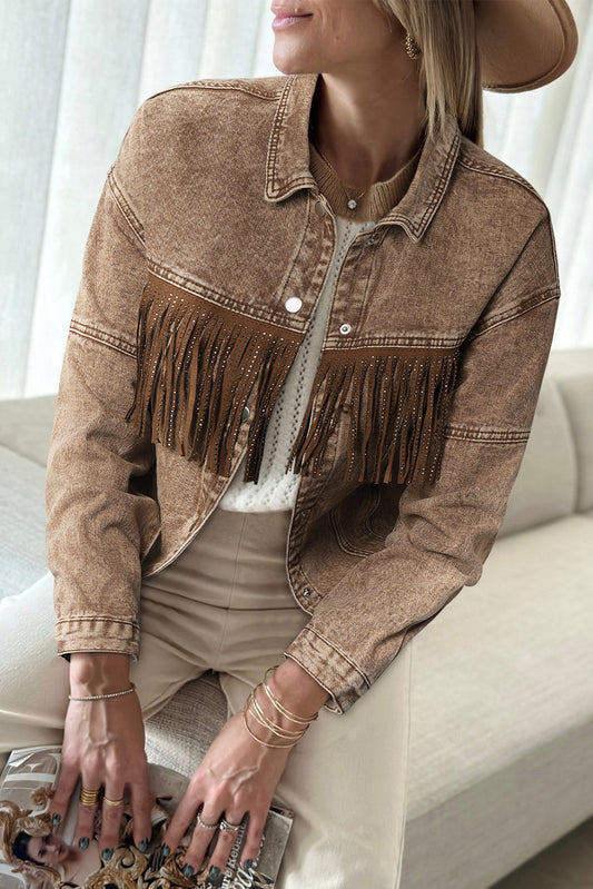 Brown Rhinestone Fringed Cowgirl Fashion Denim Jacket-Outerwear/Denim jackets-[Adult]-[Female]-Brown-S-2022 Online Blue Zone Planet