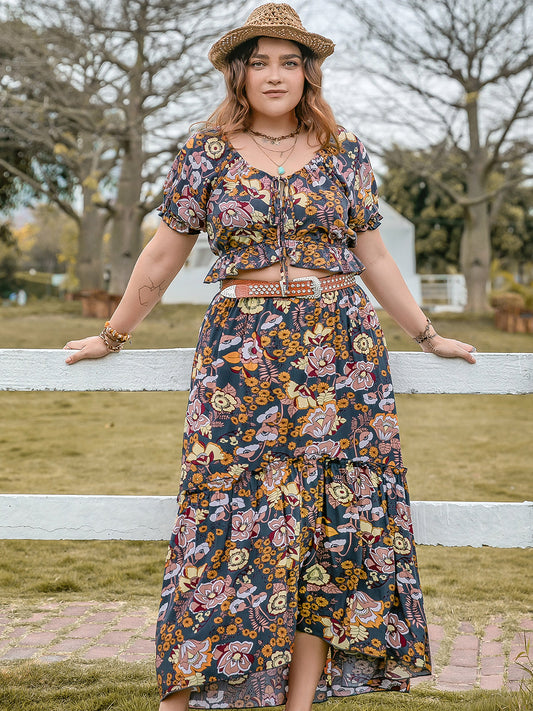 Plus Size Tie Neck Short Sleeve Top and Skirt Set-[Adult]-[Female]-Multicolor-0XL-2022 Online Blue Zone Planet