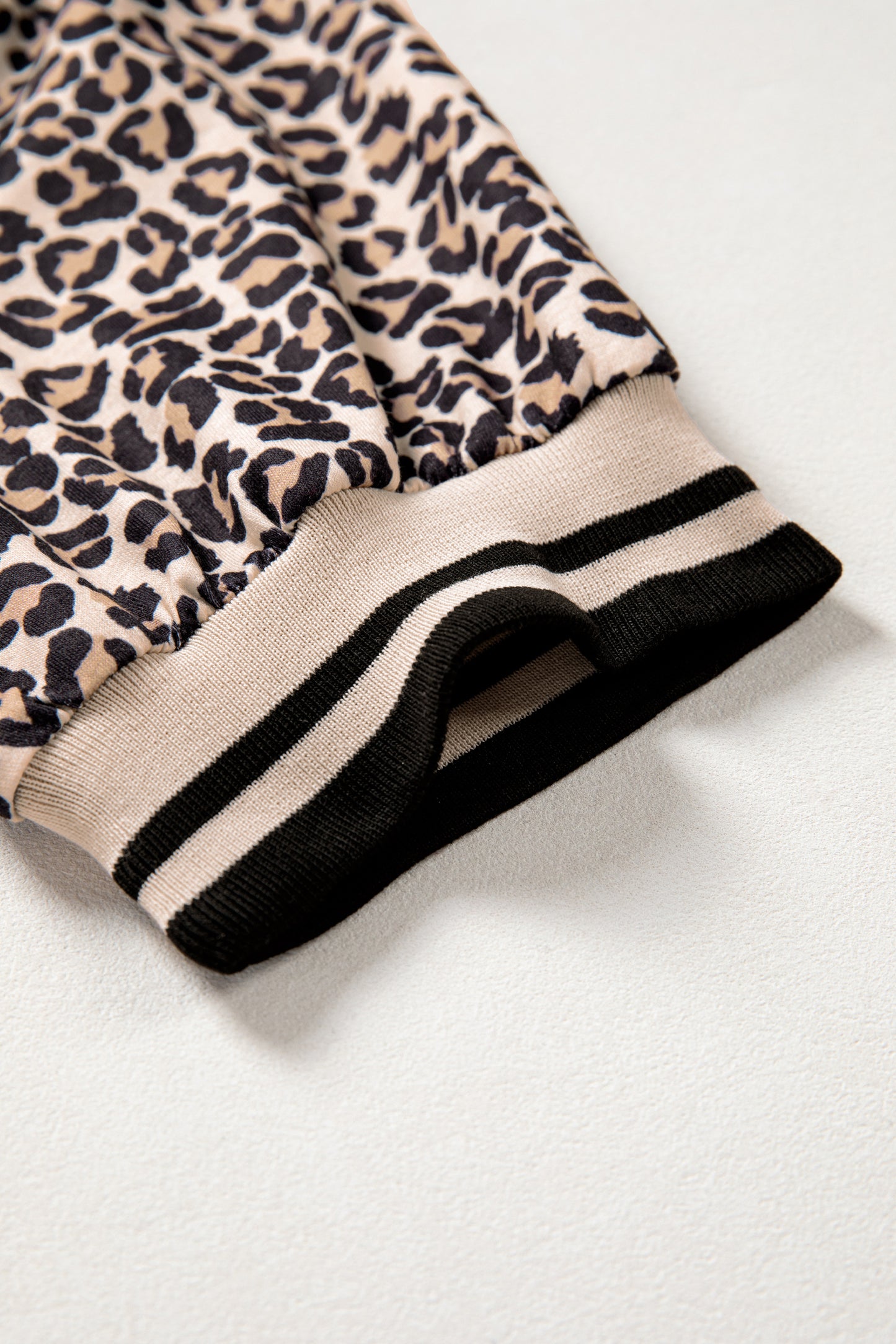 Brown Leopard Print Half Zip Striped Trim Patchwork Short Sleeve Top-Tops/Blouses & Shirts-[Adult]-[Female]-2022 Online Blue Zone Planet