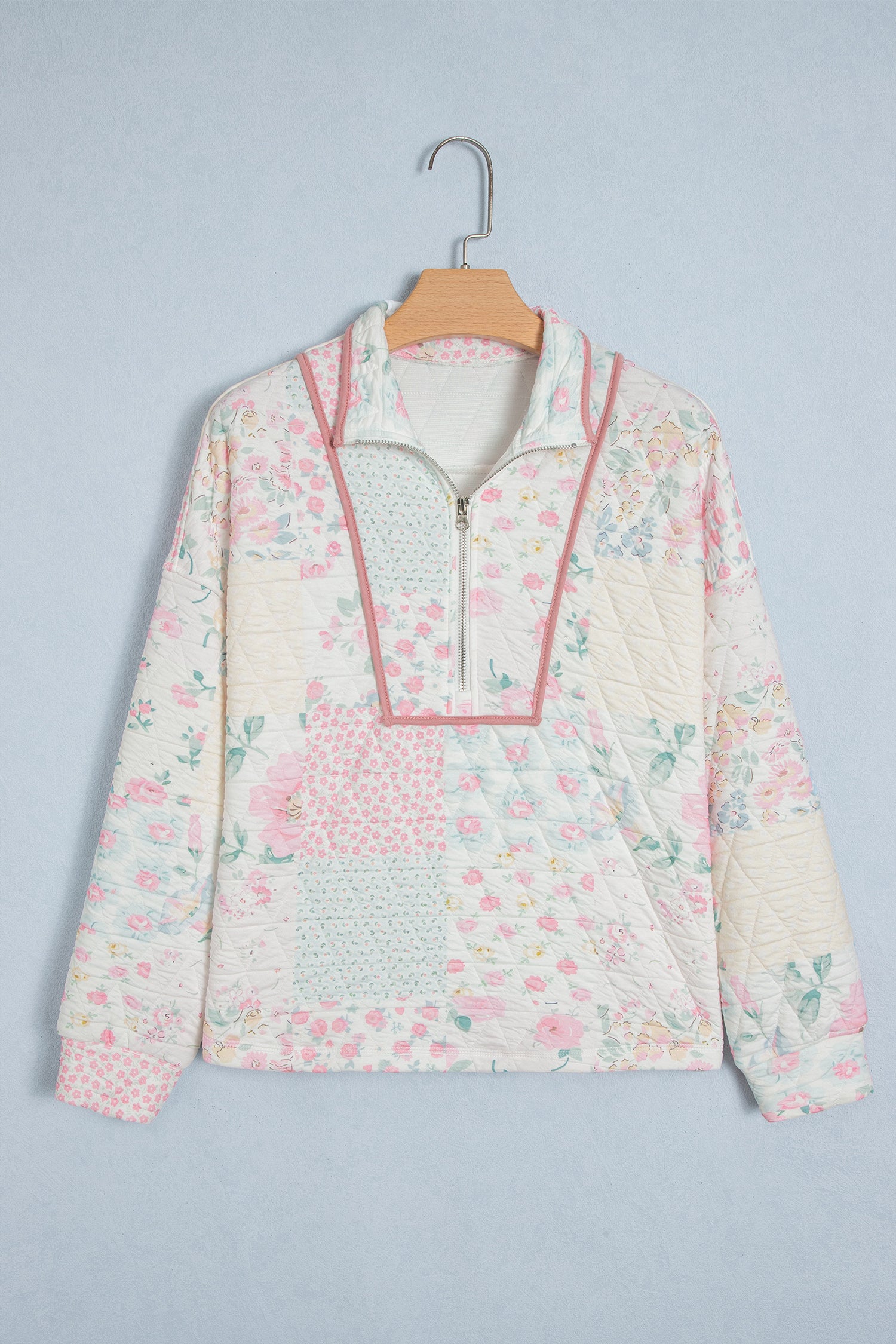 Multicolour Floral Quilted Metal Zipper Collar Long Sleeve Sweatshirt-Tops / Dresses-[Adult]-[Female]-2022 Online Blue Zone Planet