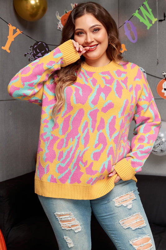 Blue Zone Planet | Bright Pink Plus Size Leopard Ribbed Trim Sweater-Plus Size/Plus Size Sweaters & Cardigans-[Adult]-[Female]-Bright Pink-1X-2022 Online Blue Zone Planet