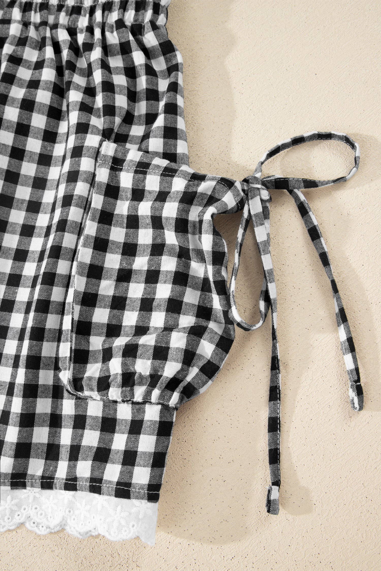 Black Gingham Lace Trim Shorts With Pouch Pockets-Bottoms/Casual Shorts-[Adult]-[Female]-2022 Online Blue Zone Planet