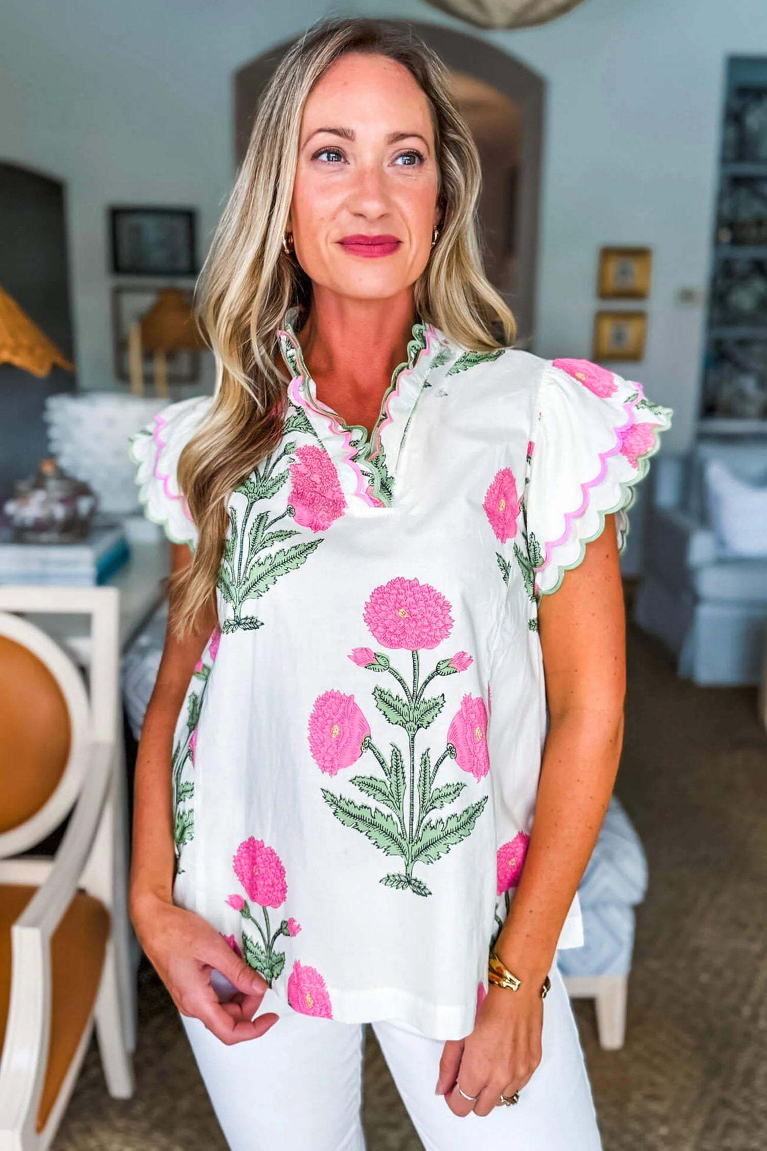 Pink Wild Flower Print Contrast Trim Scallop Detail Short Sleeve Blouse-Tops/Blouses & Shirts-[Adult]-[Female]-2022 Online Blue Zone Planet