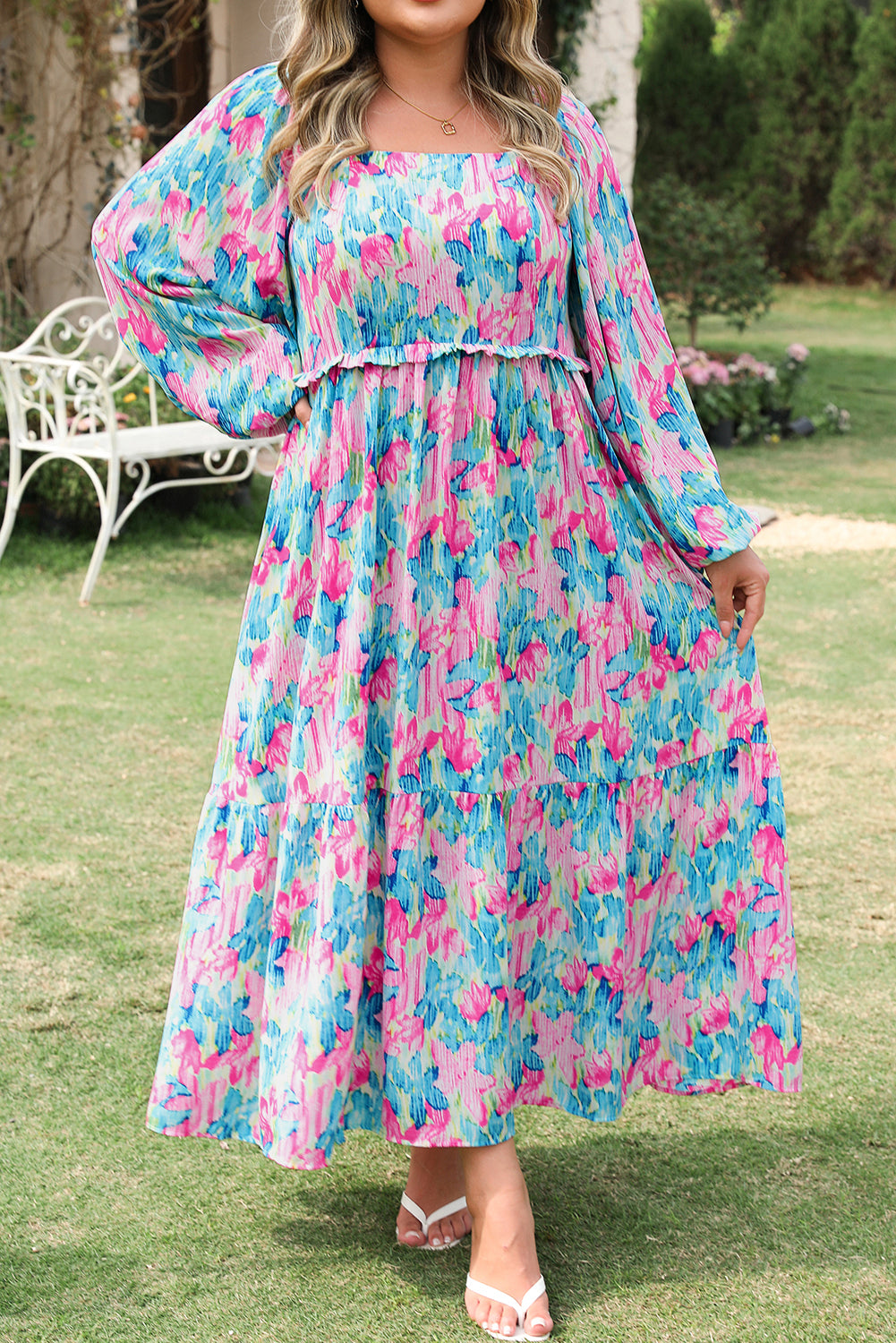 Blue Zone Planet | Sky Blue Floral Allover Print Shirred Square Neck Plus Size Maxi Dress-TOPS / DRESSES-[Adult]-[Female]-2022 Online Blue Zone Planet