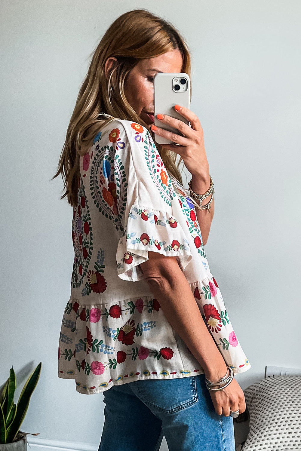White Boho Floral Print Round Neck Ruffle Trim Blouse-Tops/Blouses & Shirts-[Adult]-[Female]-2022 Online Blue Zone Planet