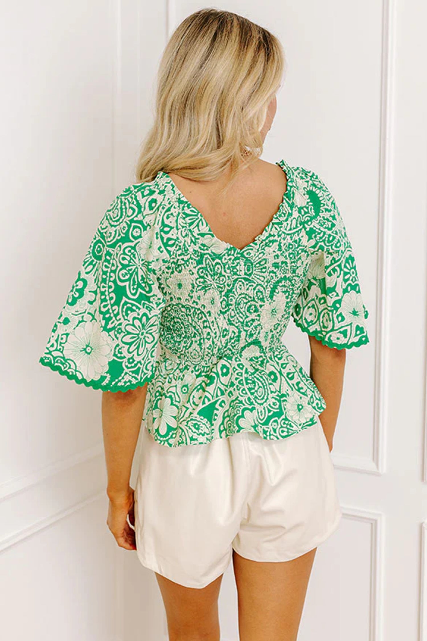 Green Flirty Floral Smocked V Neck Blouse-Tops/Blouses & Shirts-[Adult]-[Female]-2022 Online Blue Zone Planet