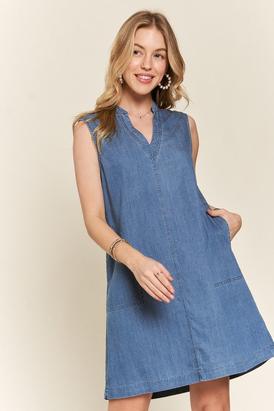 ADORA Notched Sleeveless Denim Dress with Pockets-TOPS / DRESSES-[Adult]-[Female]-2022 Online Blue Zone Planet
