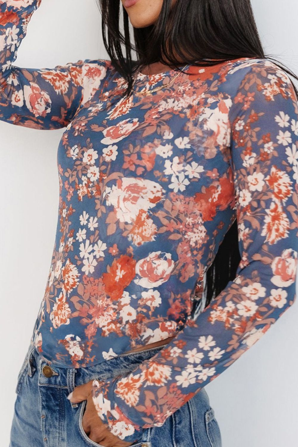 Blue Zone Planet | Floral Round Neck Long Sleeve T-Shirt-TOPS / DRESSES-[Adult]-[Female]-2022 Online Blue Zone Planet