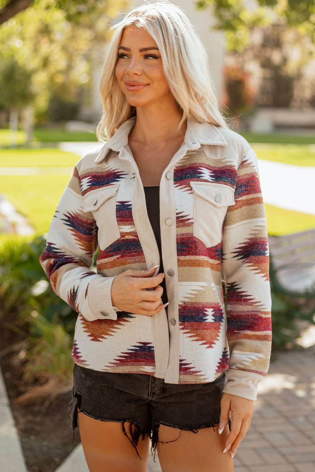Multicolour Western Aztec Striped Patchwork Double Flap Pocket Raw Hem Shacket-Outerwear/Jackets-[Adult]-[Female]-2022 Online Blue Zone Planet