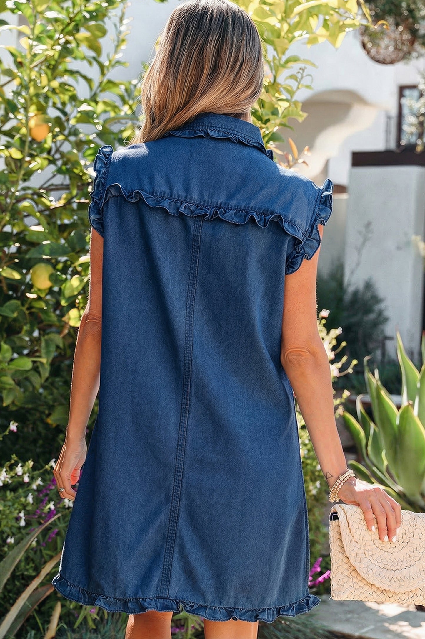 Sail Blue Ruffled Edge Collared Shift Denim Dress with Pockets-TOPS / DRESSES-[Adult]-[Female]-2022 Online Blue Zone Planet
