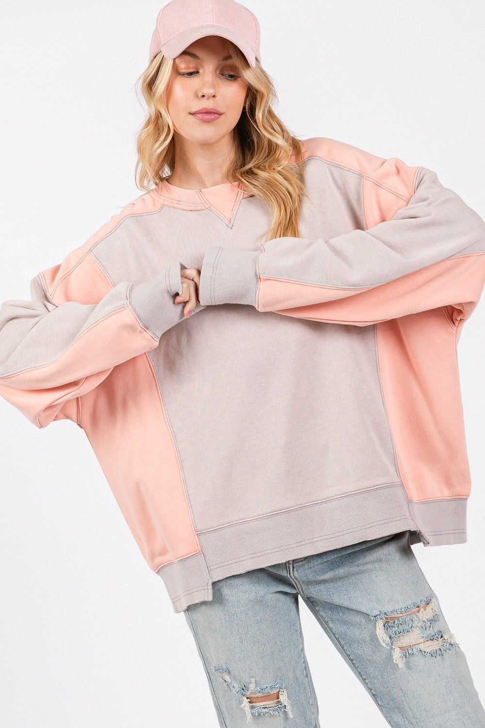 SAGE + FIG Color Block Round Neck Sweatshirt-TOPS / DRESSES-[Adult]-[Female]-Gray/Peach-S-2022 Online Blue Zone Planet