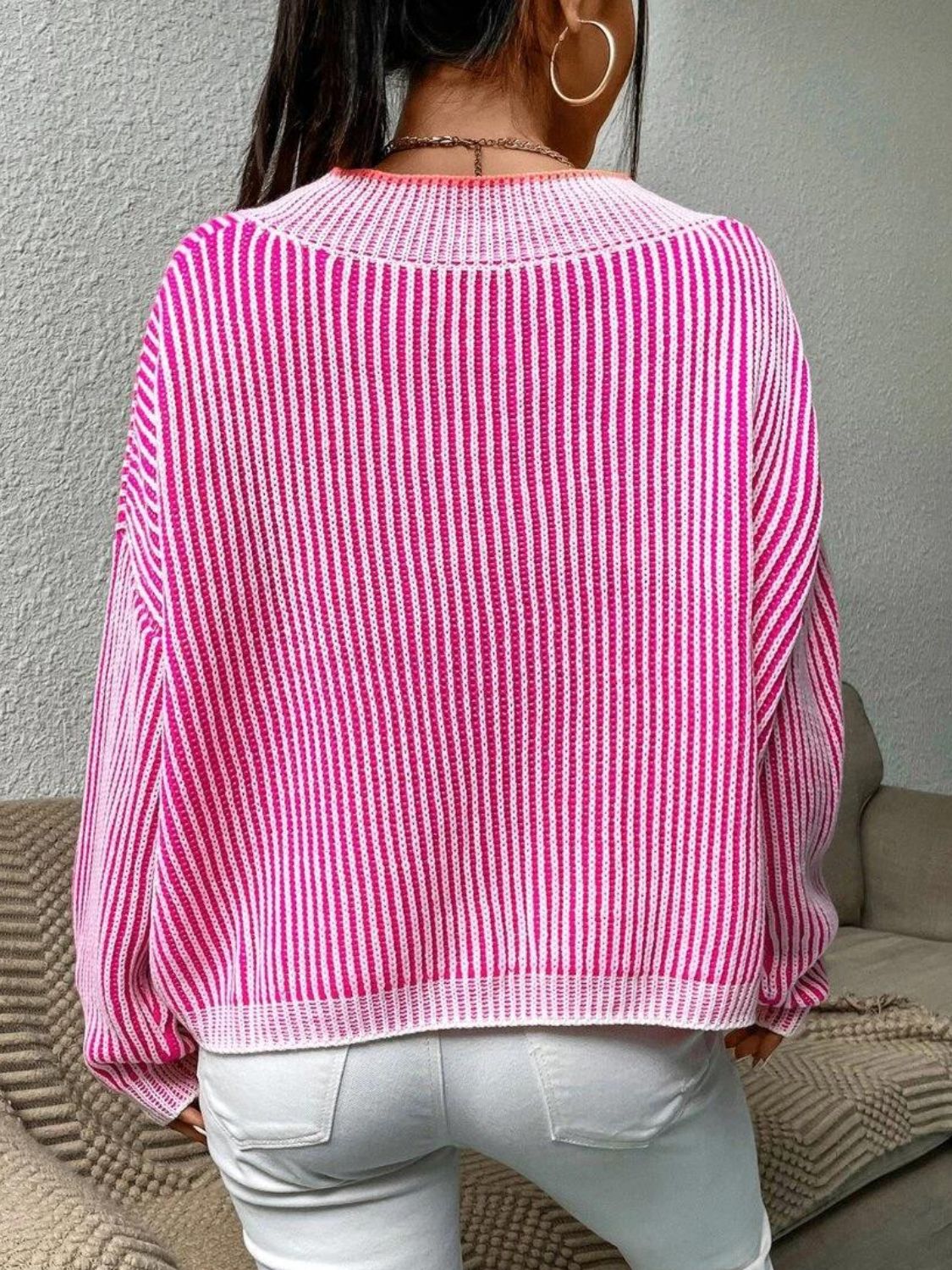 Striped V-Neck Long Sleeve Sweater-TOPS / DRESSES-[Adult]-[Female]-2022 Online Blue Zone Planet