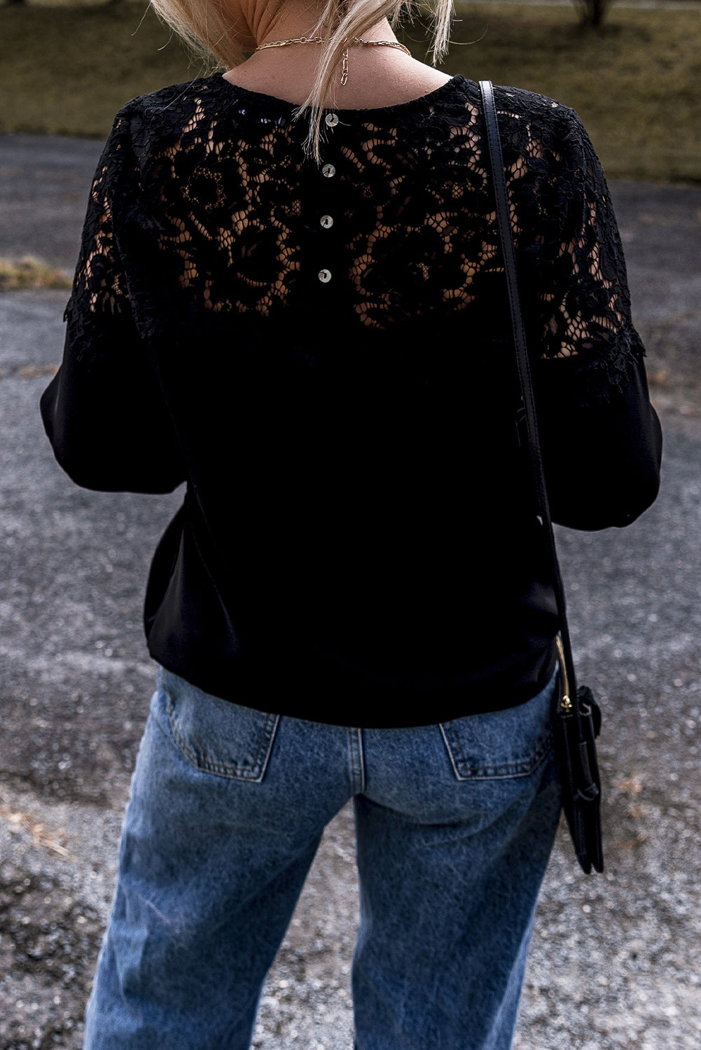 Black Lace Crochet Patchwork O Neck Long Sleeve Top-Tops/Long Sleeve Tops-[Adult]-[Female]-2022 Online Blue Zone Planet