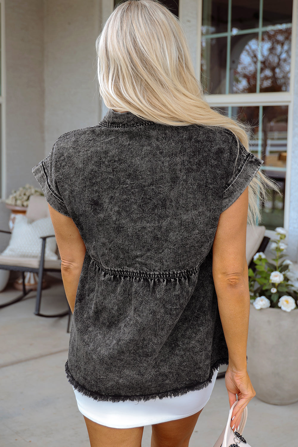 Black Short Sleeve Flap Pocket Button Up Raw Hem Denim Shirt-Tops/Blouses & Shirts-[Adult]-[Female]-2022 Online Blue Zone Planet