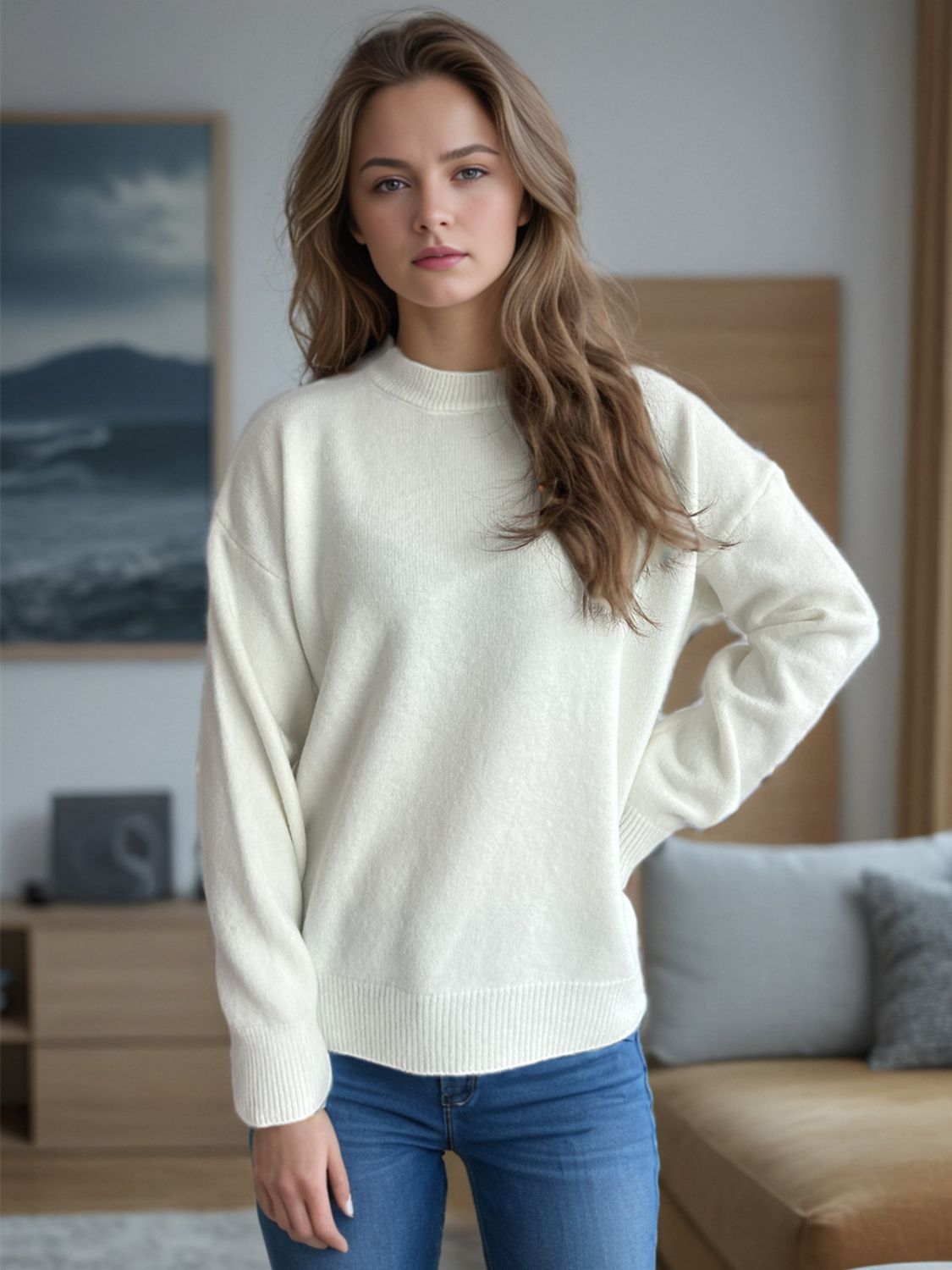 Blue Zone Planet | Round Neck Drop Shoulder Long Sleeve Sweater-TOPS / DRESSES-[Adult]-[Female]-Cream-One Size-2022 Online Blue Zone Planet