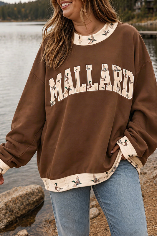Coffee Plus Size Embroidered Trim Mallard Patch Contrast Trim Crewneck Sweatshirt-Plus Size/Plus Size Sweatshirts & Hoodies-[Adult]-[Female]-Coffee-1X-2022 Online Blue Zone Planet