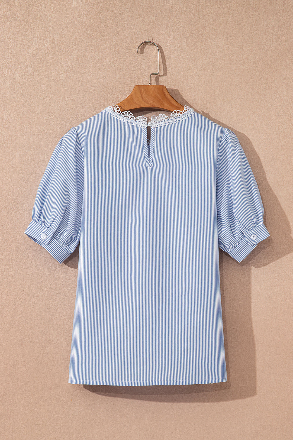 Sky Blue Stripe Floral Lace Splicing Puff Sleeve Blouse-Tops/Blouses & Shirts-[Adult]-[Female]-2022 Online Blue Zone Planet