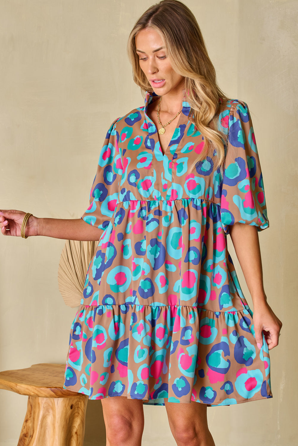 Blue Zone Planet |  Green Leopard Print Bubble Sleeve Slit Neck Ruffled Dress Blue Zone Planet