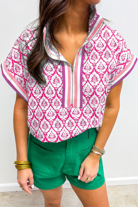 Pink Western Print Zipped Collar Short Sleeve Summer Blouse Top-Tops/Blouses & Shirts-[Adult]-[Female]-Pink-S-2022 Online Blue Zone Planet