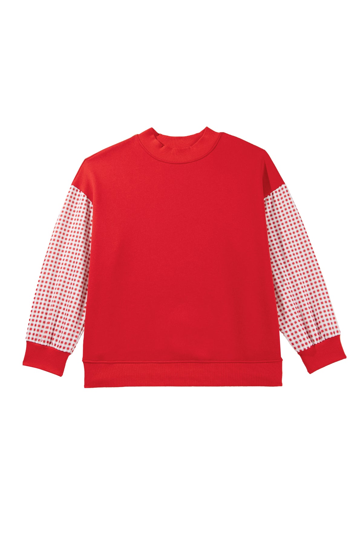 Fiery Red Patchwork Plaid Loose Fit Long Sleeve Plus Size Sweatshirt-Plus Size/Plus Size Sweatshirts & Hoodies-[Adult]-[Female]-2022 Online Blue Zone Planet