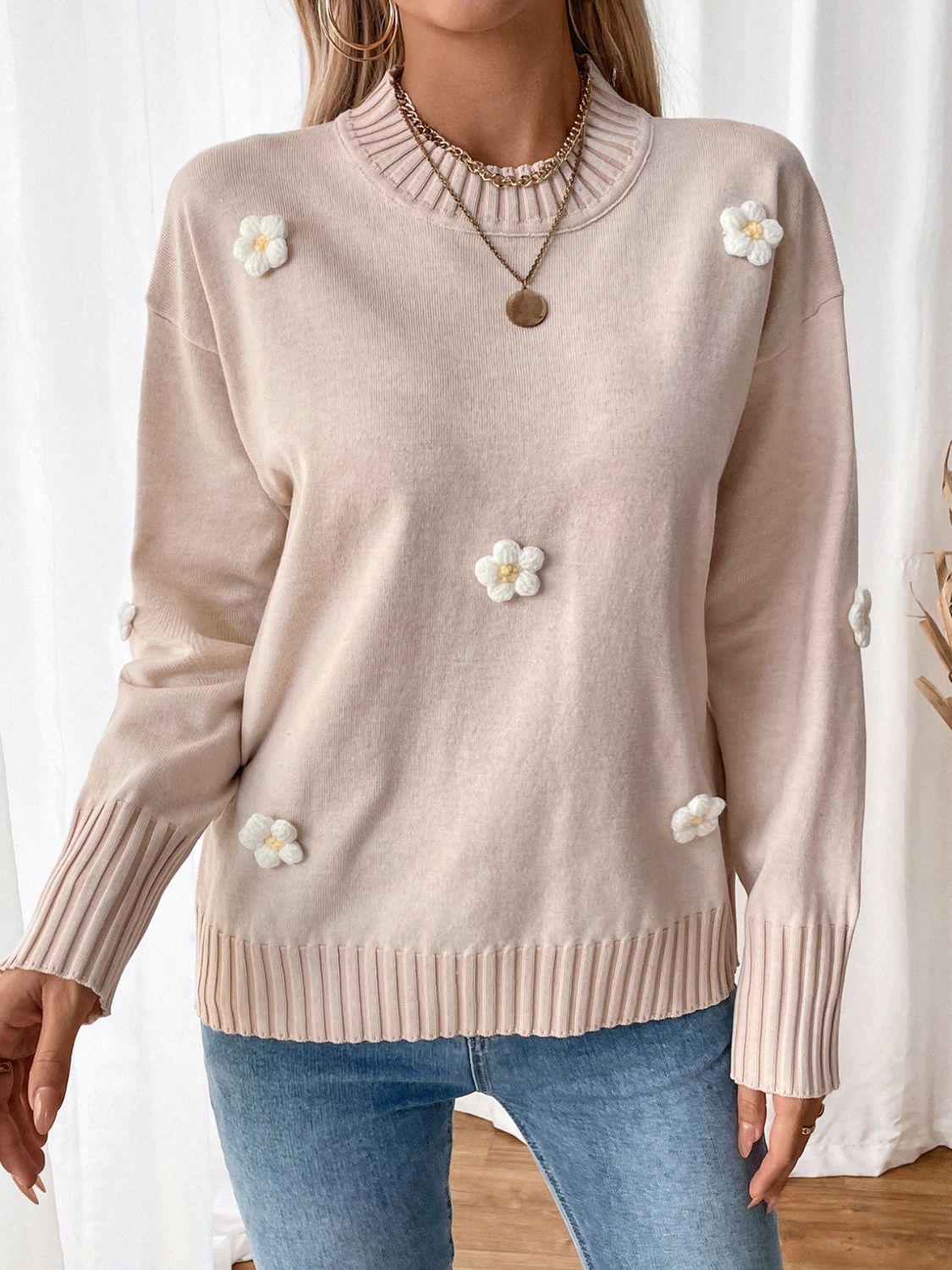 Perfee Flower Round Neck Long Sleeve Sweater-NEW ARRIVALS-[Adult]-[Female]-2022 Online Blue Zone Planet