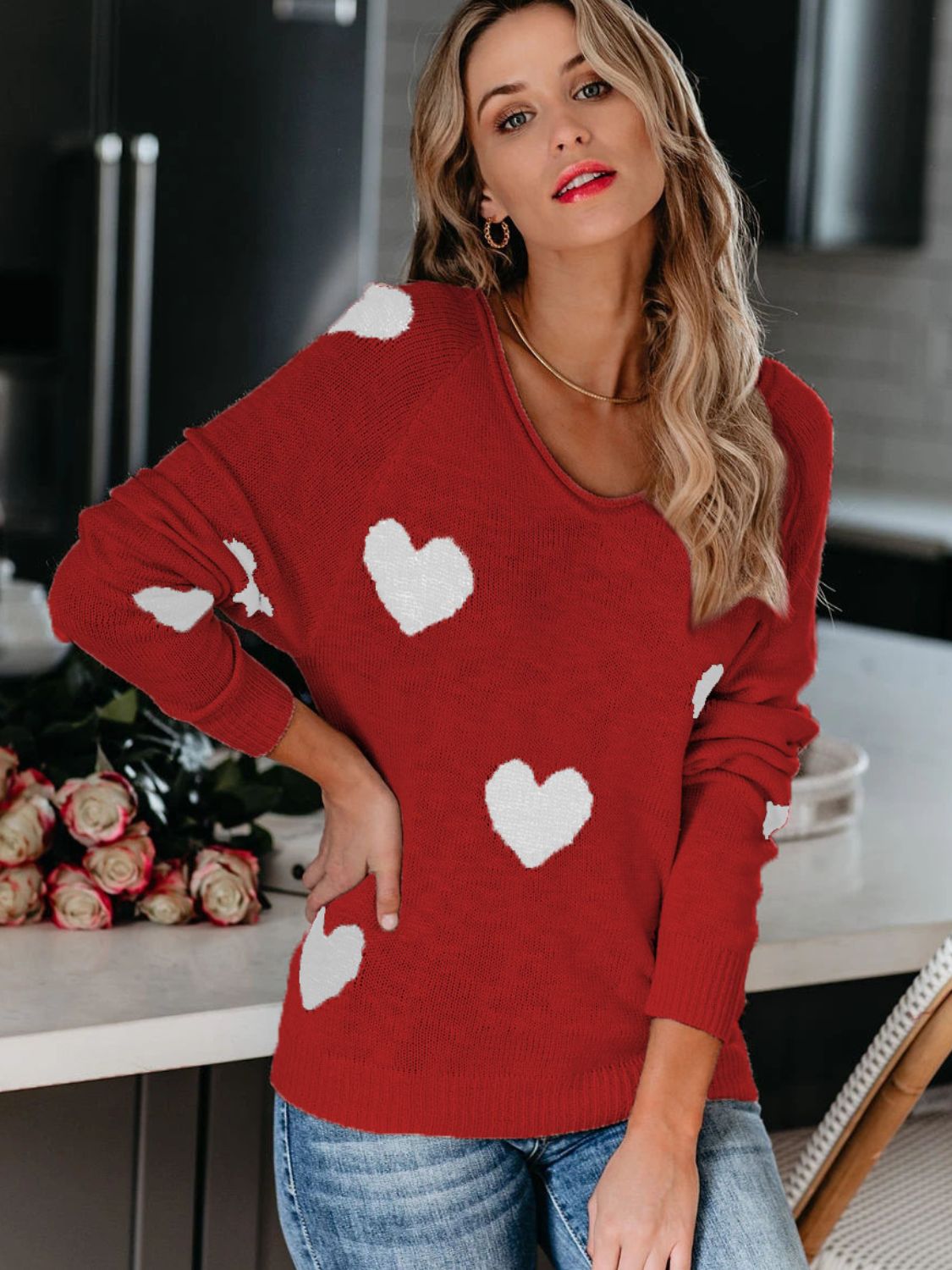 Heart Scoop Neck Long Sleeve Sweater-TOPS / DRESSES-[Adult]-[Female]-2022 Online Blue Zone Planet