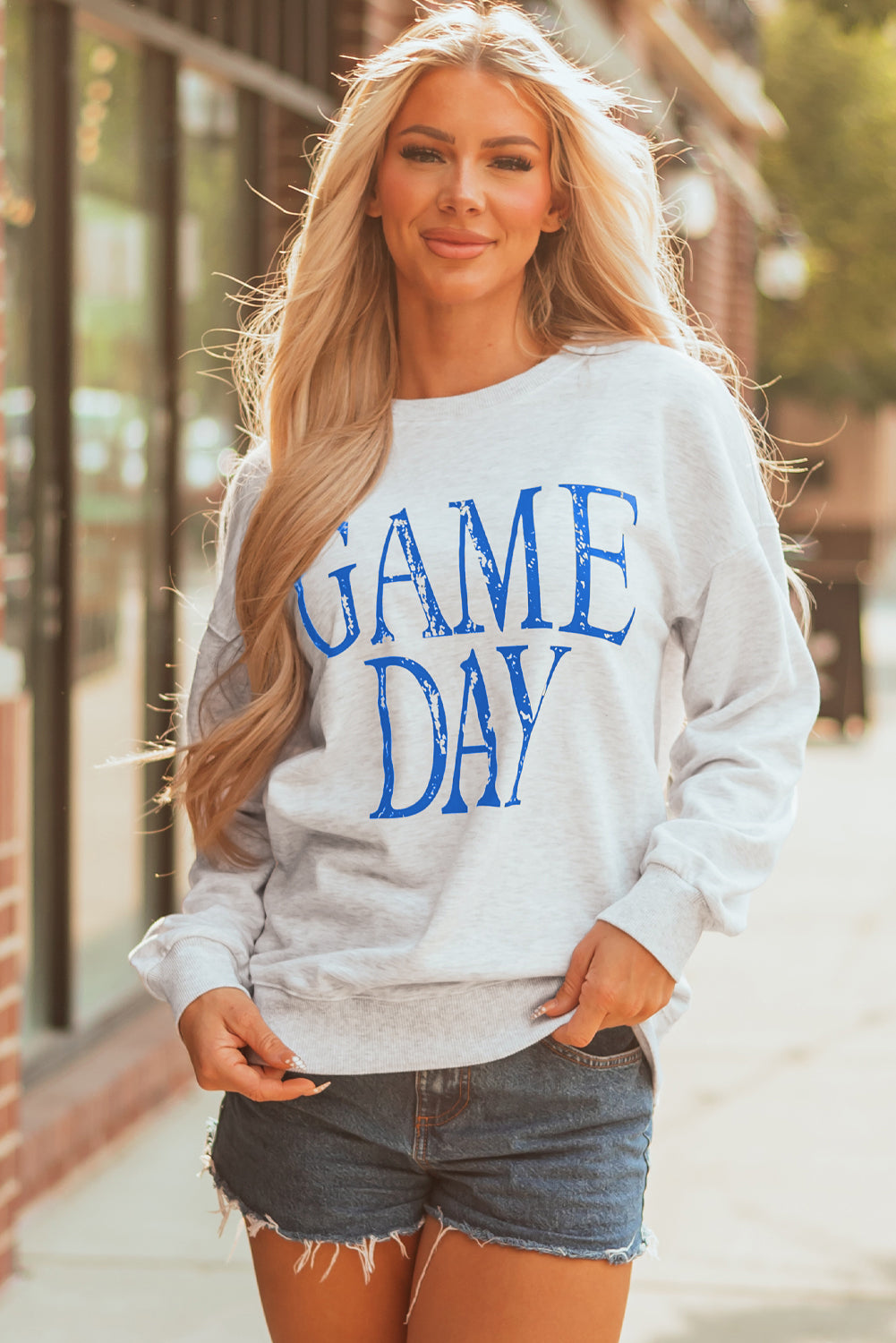 Blue Vintage Washed Game Day Graphic Baggy Sweatshirt-Tops/Sweatshirts & Hoodies-[Adult]-[Female]-2022 Online Blue Zone Planet
