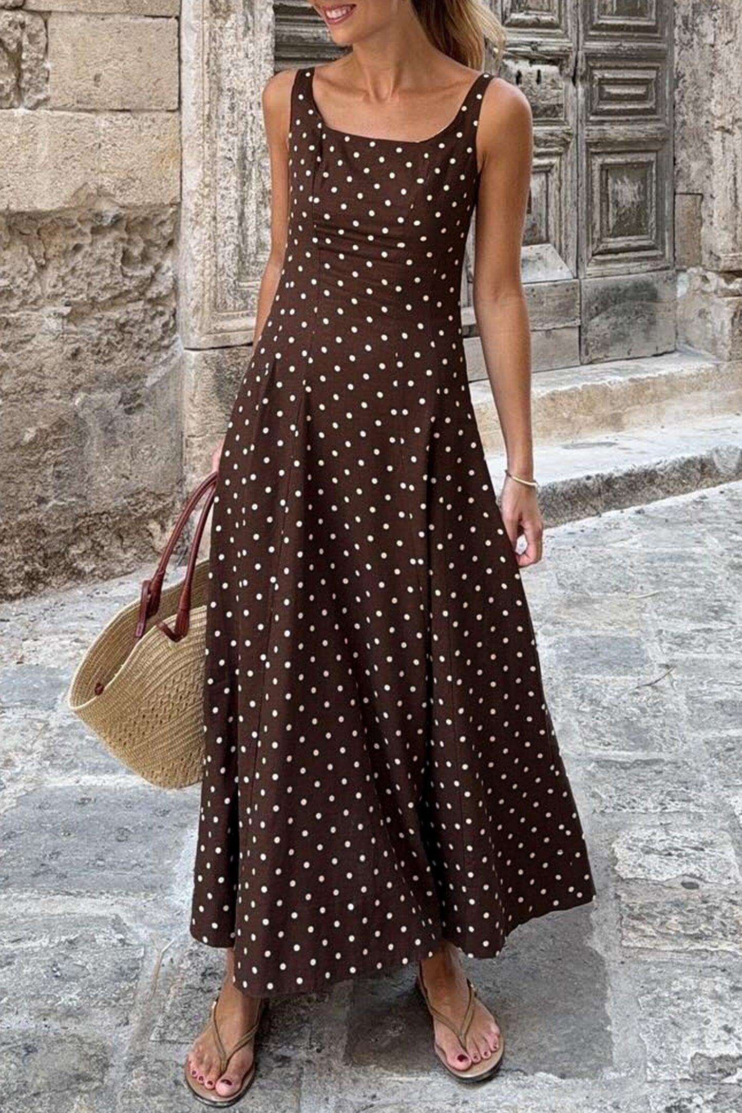 Brown Polka Dot Print Square Neck Sleeveless Vacation Long Dress-TOPS / DRESSES-[Adult]-[Female]-2022 Online Blue Zone Planet