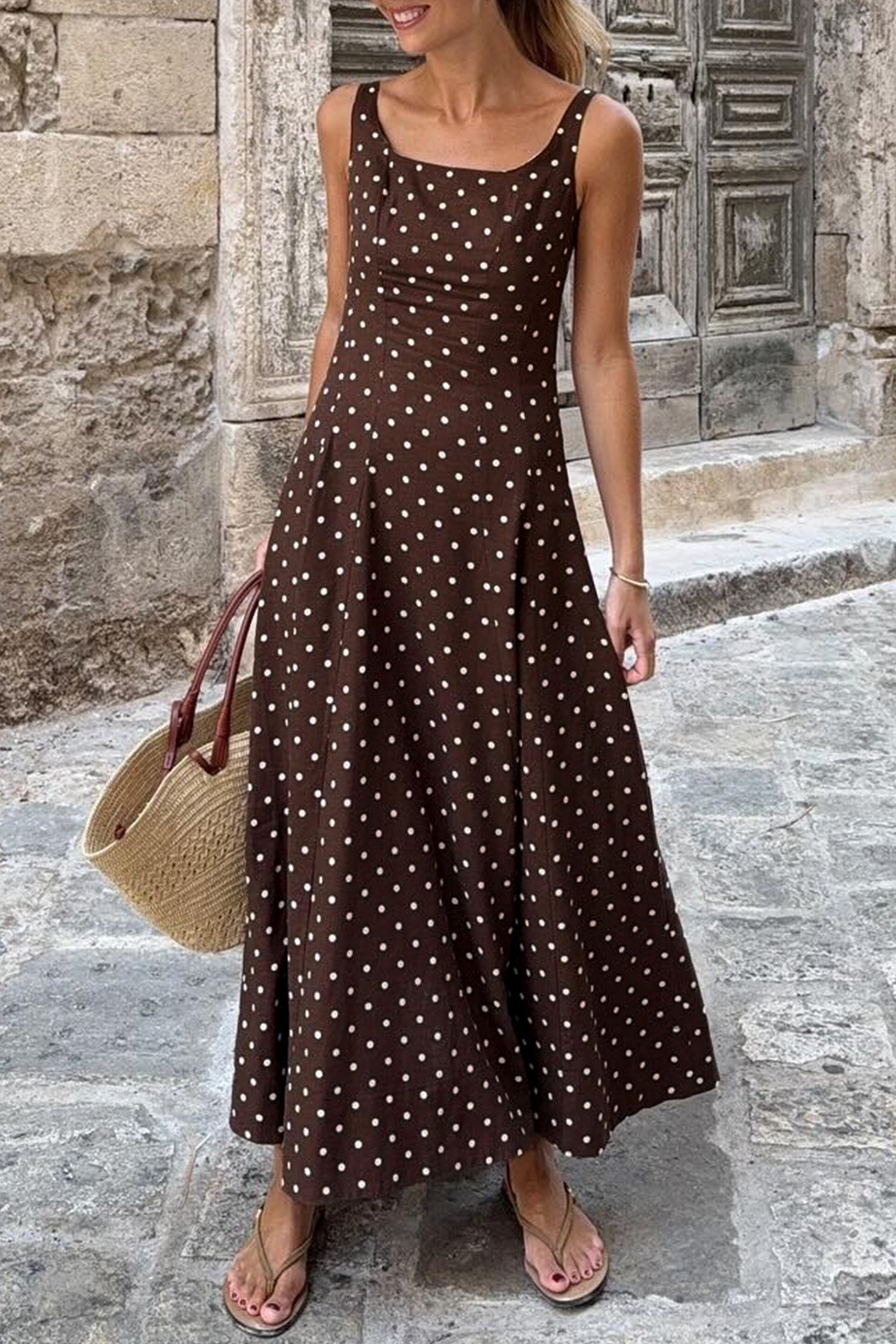 Brown Polka Dot Print Square Neck Sleeveless Vacation Long Dress-TOPS / DRESSES-[Adult]-[Female]-2022 Online Blue Zone Planet
