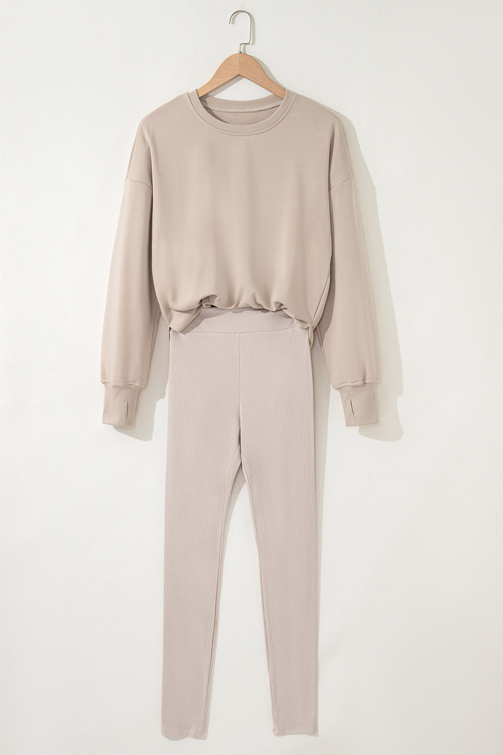 Jet Stream Solid Color Oversize Slit Sweatshirt Ribbed Leggings 2pcs Set-Two Piece Sets/Pant Sets-[Adult]-[Female]-2022 Online Blue Zone Planet