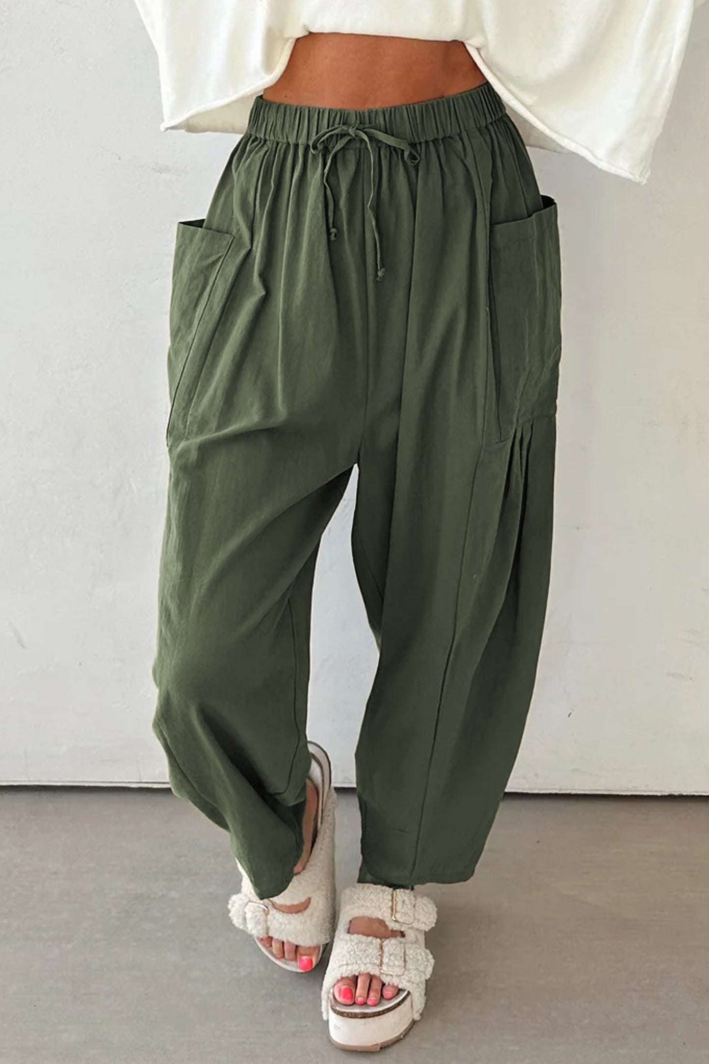 Jungle Green Drawstring Elastic Waist Patch Pocket Barrel Leg Casual Pants-Bottoms/Pants & Culotte-[Adult]-[Female]-2022 Online Blue Zone Planet