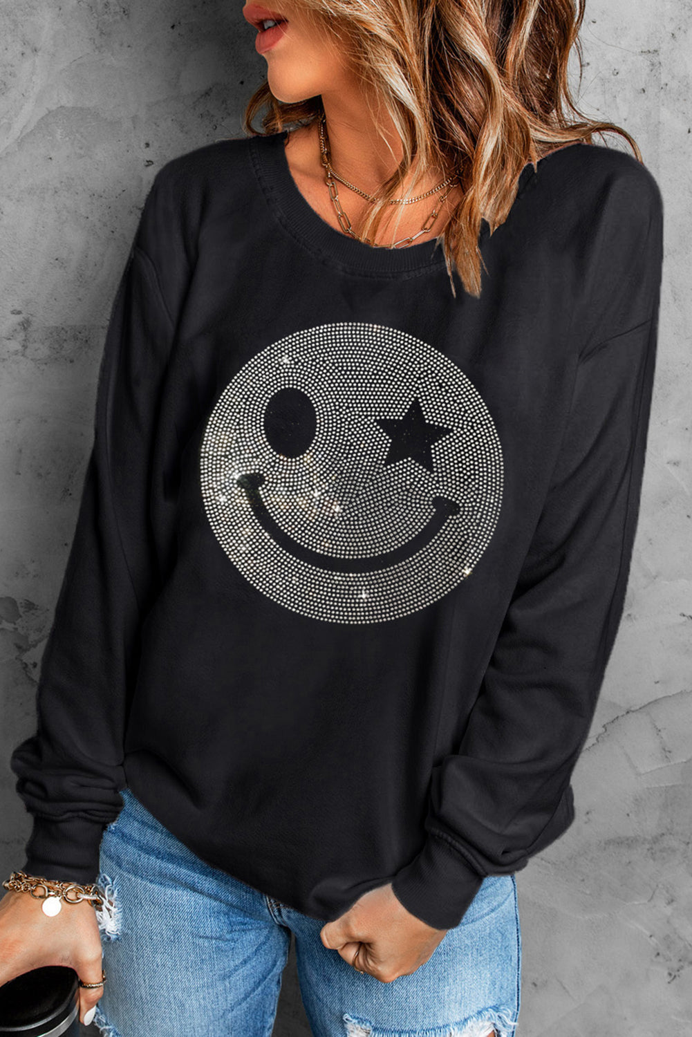 Blue Zone Planet | Rhinestone Smile Long Sleeve Sweatshirt-TOPS / DRESSES-[Adult]-[Female]-Black-S-2022 Online Blue Zone Planet