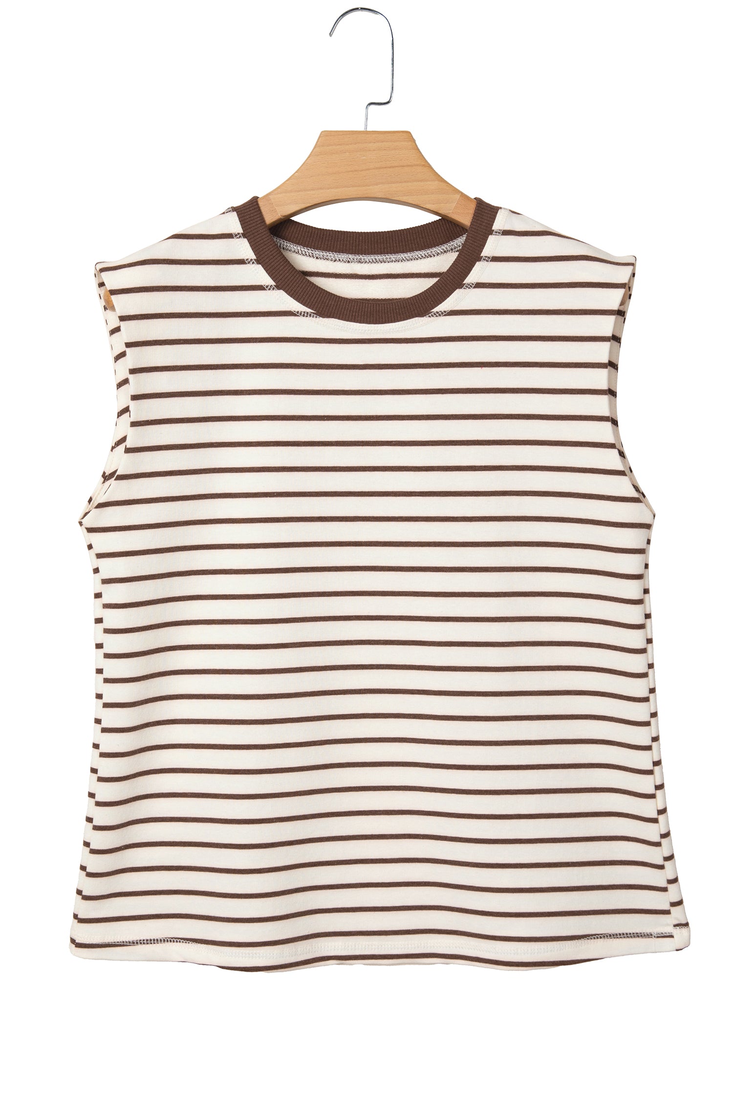 Brown Stripe Ribbed Round Neck Trim Loose Tank Top-Tops/Tank Tops-[Adult]-[Female]-2022 Online Blue Zone Planet