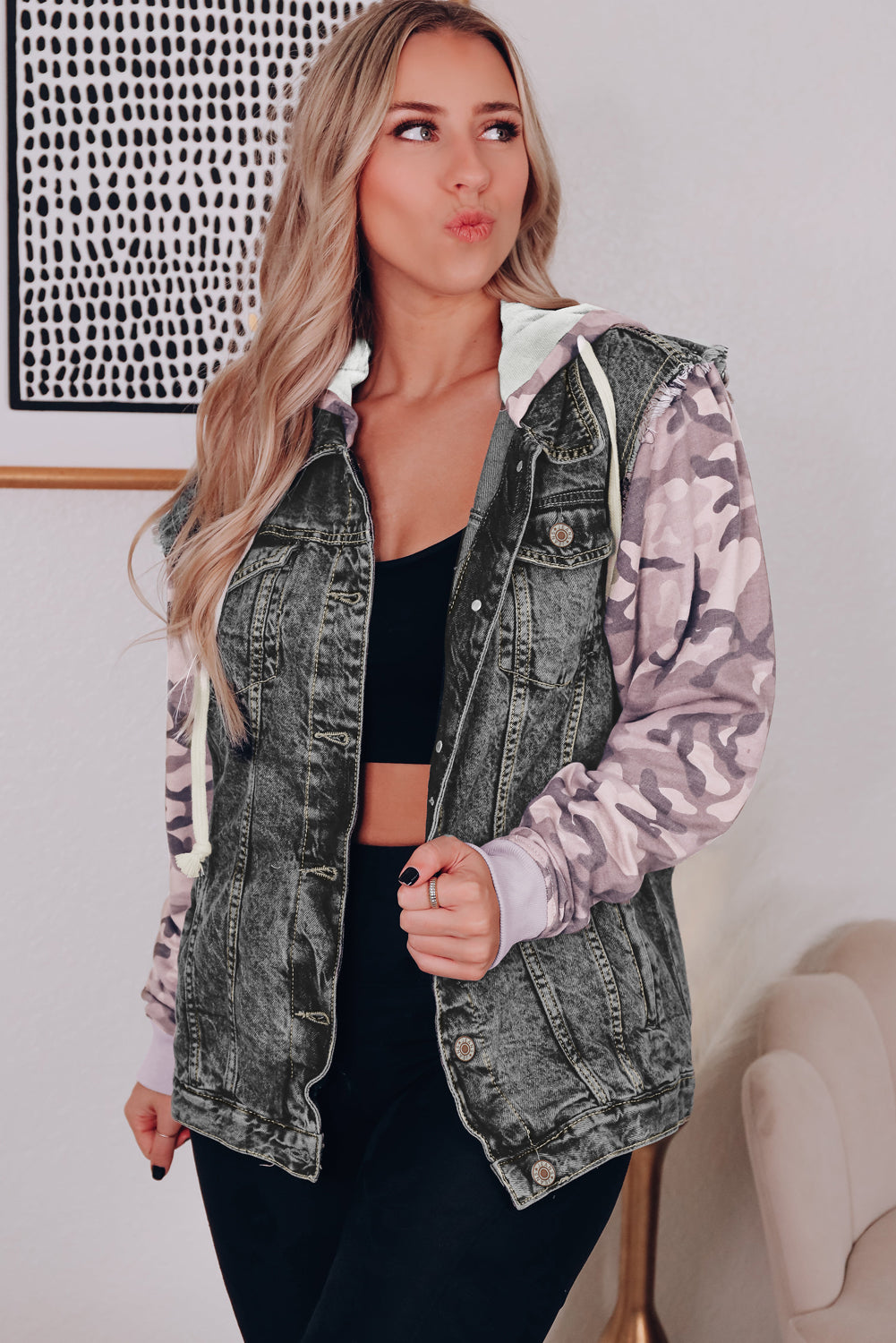 Blue Zone Planet | Black Camo Sleeve Hooded Buttoned Denim Jacket-Outerwear/Denim jackets-[Adult]-[Female]-2022 Online Blue Zone Planet